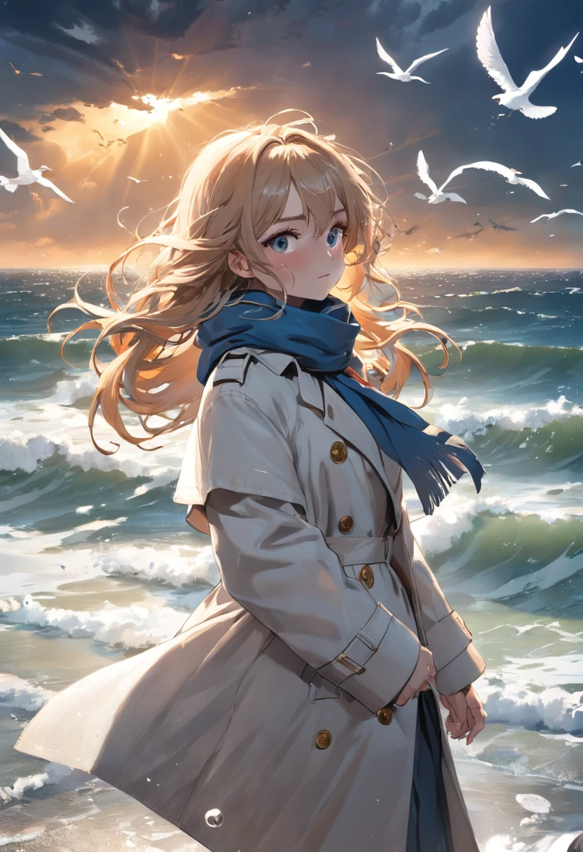 filmposter, Single photo, Film light and shadow, Movie lighting, Winters, Heavy snow, Beautiful girl in a long white trench coat, Put your hands in your trench coat pocket, Look at the camera, Trench coats and scarves are blown up by the wind, Snowy weather, Blue scarf, By the sea at sunset, There are a lot of seagulls in the air, There are some sailboats at sea, 3D cloud, The sun peeks out from behind the clouds, Blue-orange contrasting color, Amazing contrasting colors, amazing light and shadow, early evening, Red and blue contrast, Side backlight, the soft light, Ishige, Get wet all over your body, Jesus light, Dust is visible in the light, Fly over the water, Agitated splashes, Gradient hair, Mad eyes, mismatched pupils, Light smile, Drill hair, pony tails, Hair ribbon, gloom (expression), surrealism, High detail, Chiaroscuro, Sparkle, Ray tracing, filmgrain, outside border, projected inset, projected inset, blurryforeground, Perspective, Lens flare, f/1.8, Sony FE GM, Ultra-wide angle, vanishing point, Atmospheric perspective, hyper HD, Anatomically correct, retinas, Textured skin, High details, Award-Awarded, 8K