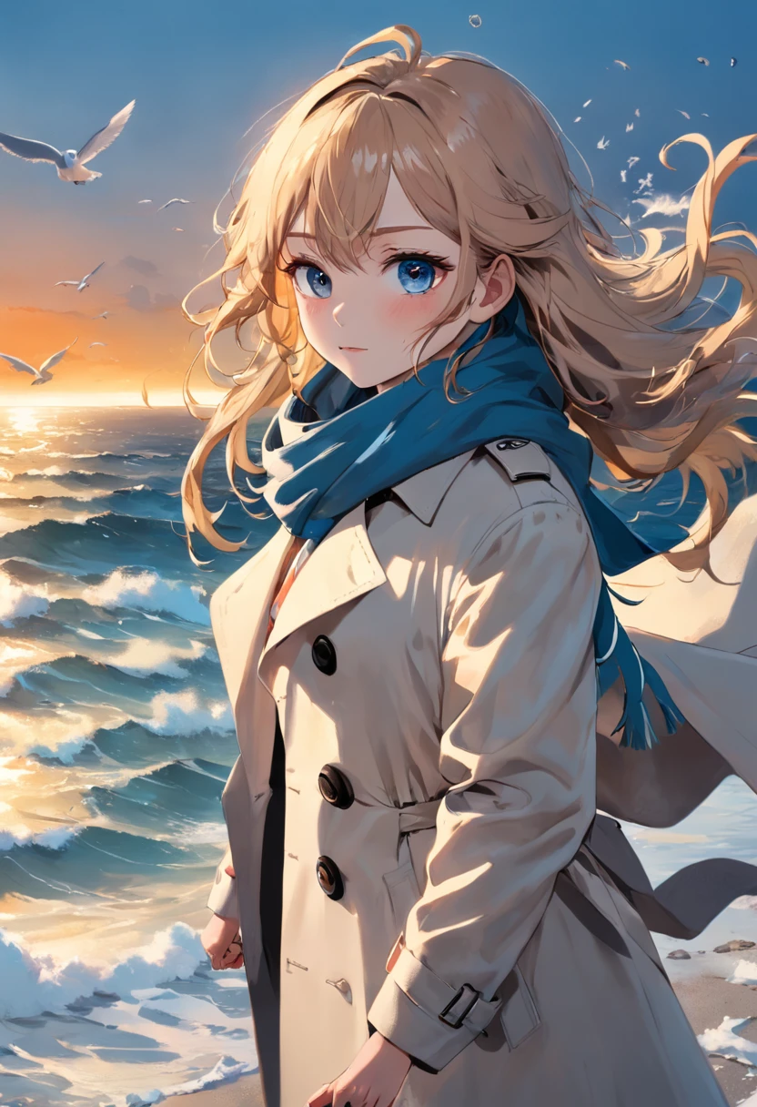 filmposter, Single photo, Film light and shadow, Movie lighting, Winters, Heavy snow, Beautiful girl in a long white trench coat, Put your hands in your trench coat pocket, Look at the camera, Trench coats and scarves are blown up by the wind, Snowy weather, Blue scarf, By the sea at sunset, There are a lot of seagulls in the air, There are some sailboats at sea, 3D cloud, The sun peeks out from behind the clouds, Blue-orange contrasting color, Amazing contrasting colors, amazing light and shadow, early evening, Red and blue contrast, Side backlight, the soft light, Ishige, Get wet all over your body, Jesus light, Dust is visible in the light, Fly over the water, Agitated splashes, Gradient hair, Mad eyes, mismatched pupils, Light smile, Drill hair, pony tails, Hair ribbon, gloom (expression), surrealism, High detail, Chiaroscuro, Sparkle, Ray tracing, filmgrain, outside border, projected inset, projected inset, blurryforeground, Perspective, Lens flare, f/1.8, Sony FE GM, Ultra-wide angle, vanishing point, Atmospheric perspective, hyper HD, Anatomically correct, retinas, Textured skin, High details, Award-Awarded, 8K