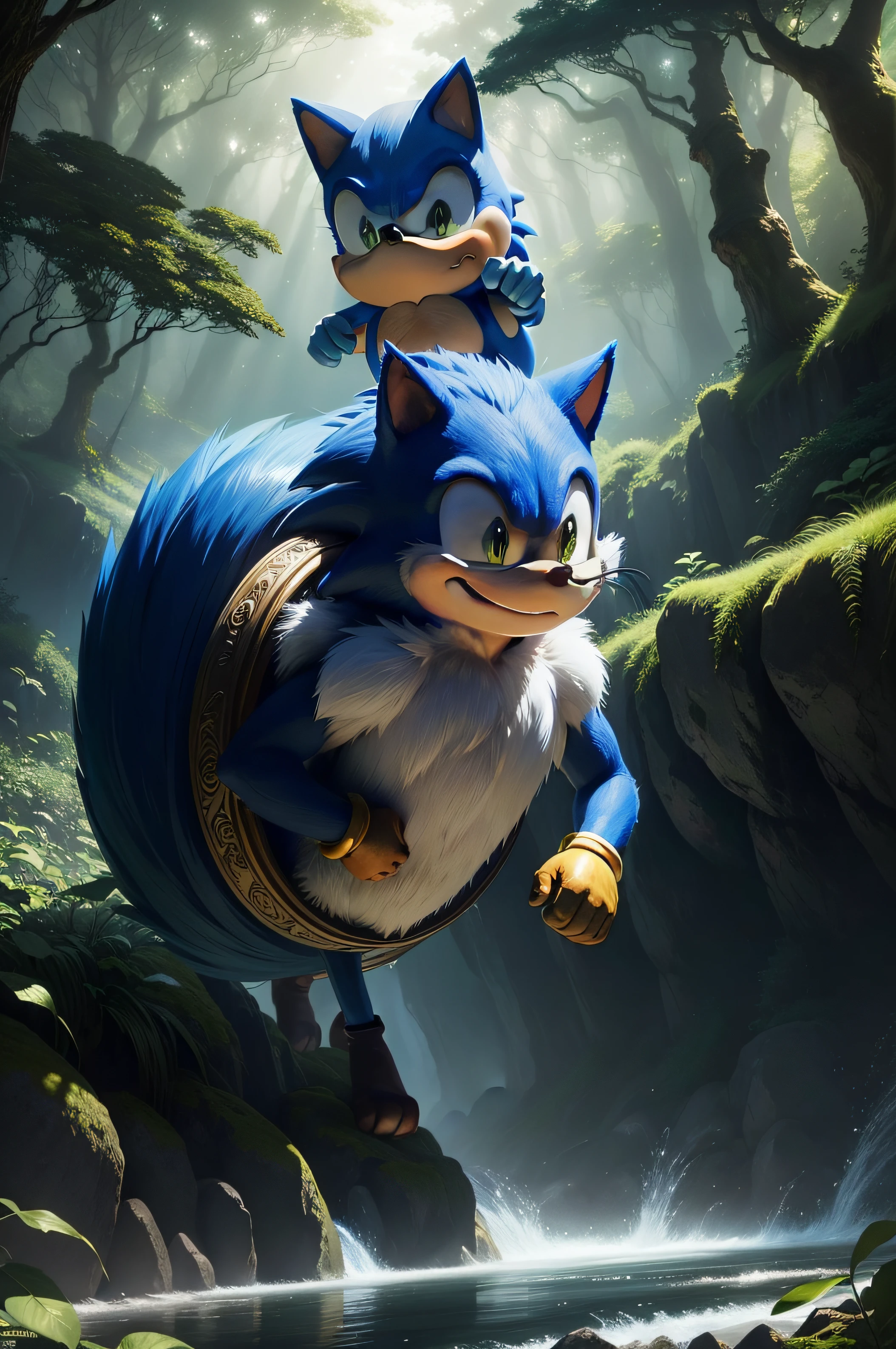 Sonic the Hedgehog, with his vibrant blue fur glistening under the warm golden sunlight, leaps through the mystical ring from the Lord of the Rings, surrounded by lush greenery and ethereal mist, evoking a sense of magic and wonder. Captured in the style of Hayao Miyazaki's Studio Ghibli, featuring soft pastel colors, delicate details, and a dreamlike atmosphere.