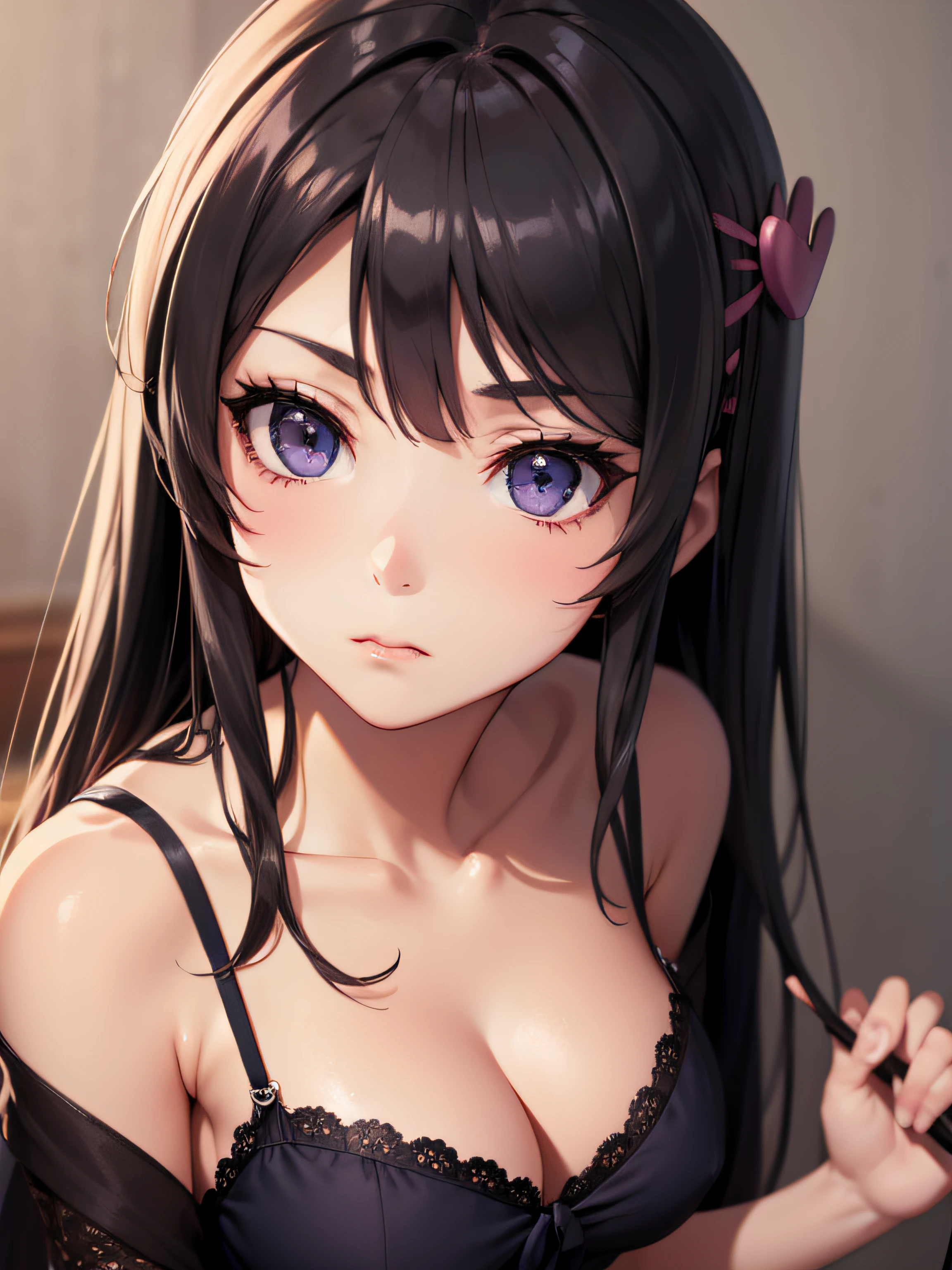 2d, sketch art, one anime woman, sad, black hair, rabbit pink hairpin, busty, medium breasts, cleavage, POV, close up, black nightgown, (detailed eyes, beautiful eyes), (purple eyes:1.2)