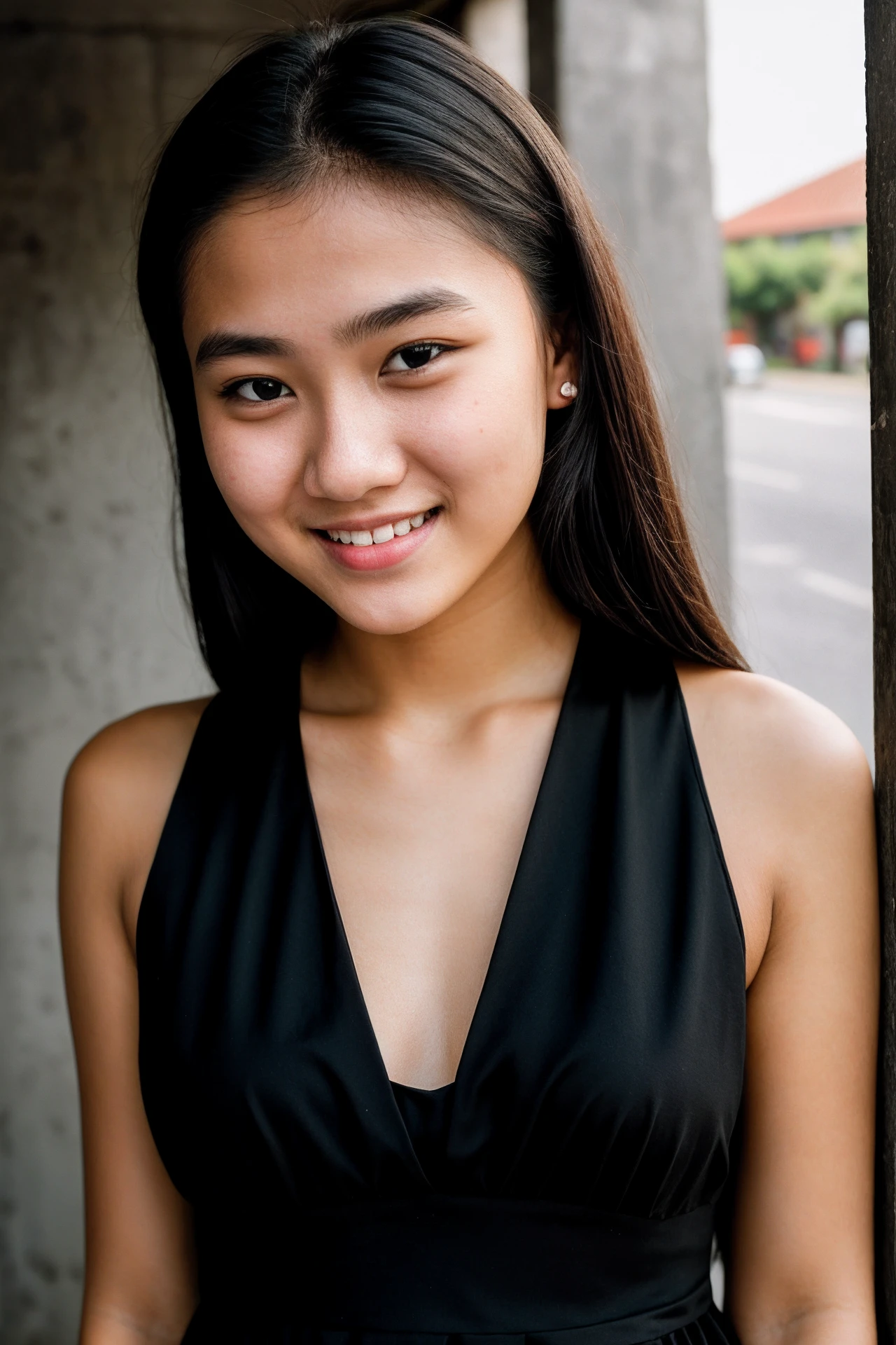 face perfect, gorgeous face , a 14 year old Korean in a bikini ,with black background , Grinning