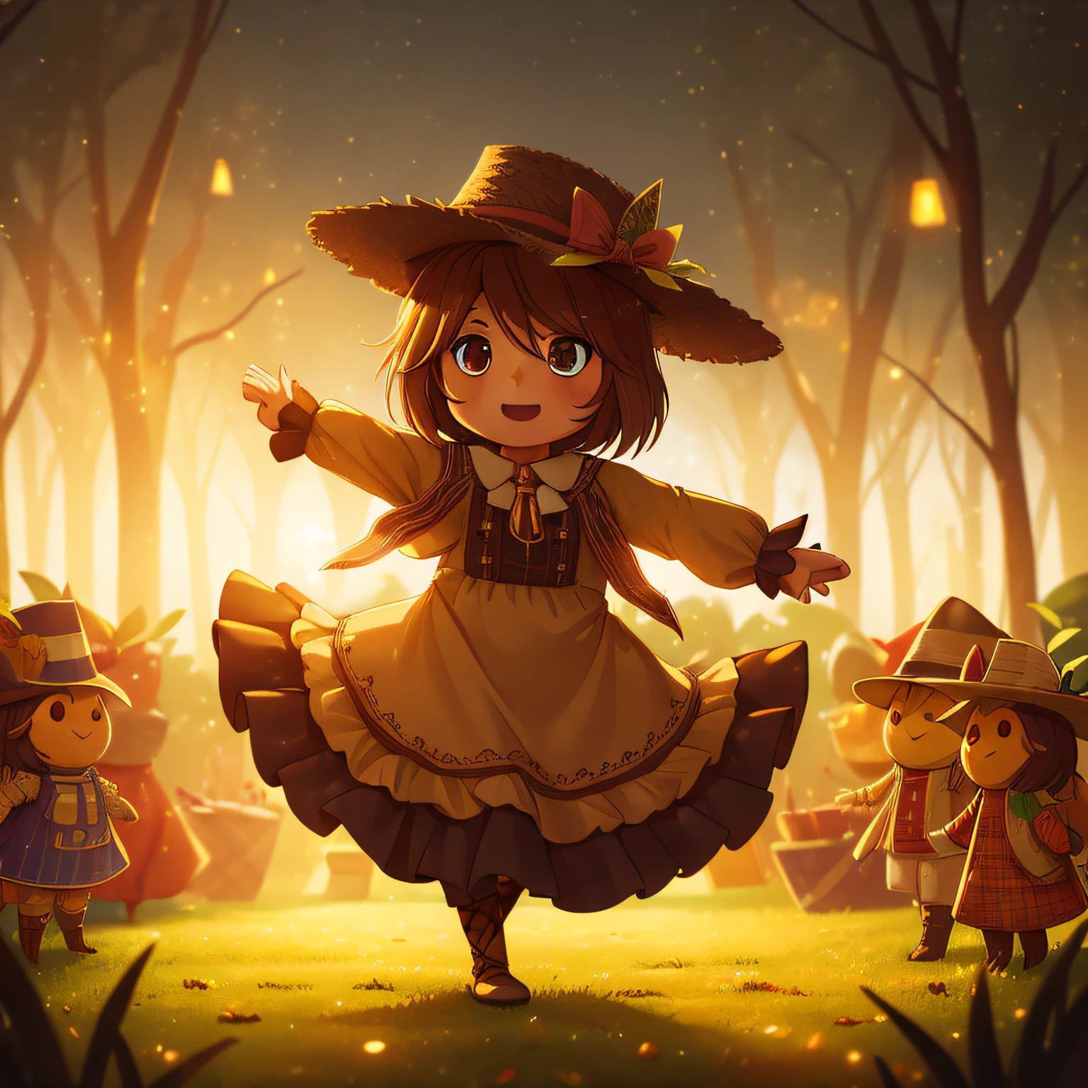 (best quality, high quality:1.3), CG, dramatic lighting, highly detailed, Bokeh, A DANCING SCARECROW, NOT REAL, A PERSON SIZED SCARECROW DOLL