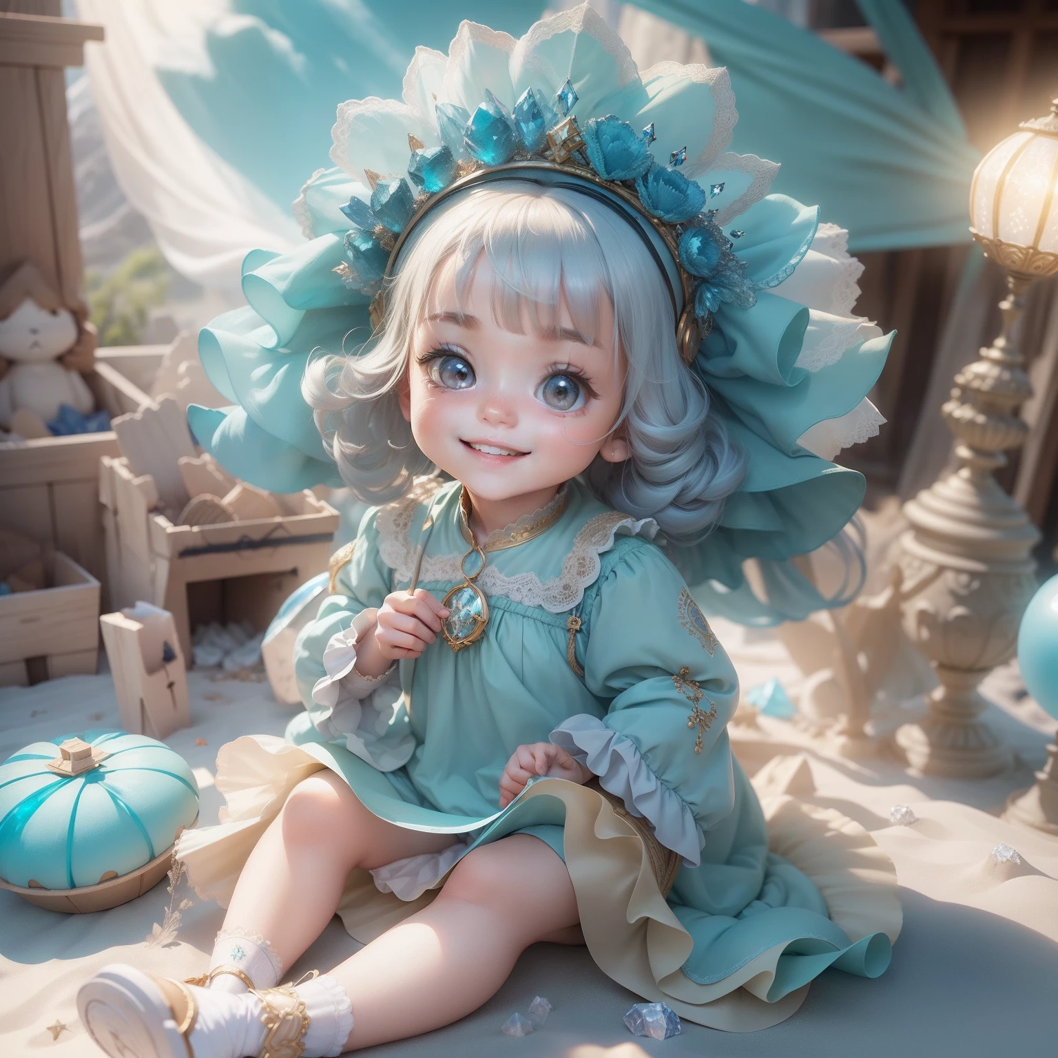 (sandbox:1.4),in a panoramic view,Solo, full body Esbian,tchibi,e litrl, wearing a blue dress,a panoramic view,Delicate headgear,ssmile,Rococo style,Glass material,crystal material,ighly detailed, cinematic lighting effect,8K,tmasterpiece,offcial art morning a smile