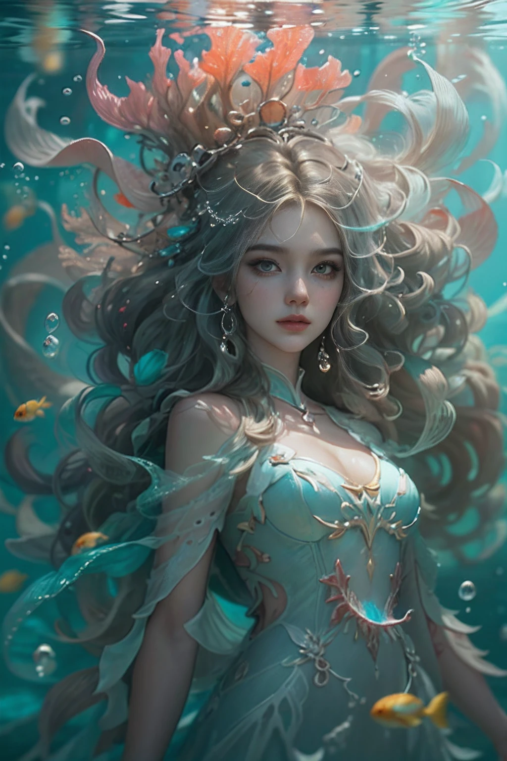 ModelShoot style, (Extremely detailed Cg Unity 8K wallpaper), A chaotic storm of intricate liquid smoke in the head, Stylized abstract portrait of beautiful sea queen, wetted skin, jelly fish, sea monster on the back sea queen，The corals，ocean floor，Marine life，author：Petros Afshar, ross tran, tom whalen, Peter Mohrbacher, Art germ, Broken glass, ((bubbly underwater scenery)) Radiant light octane rendering is highly detailed