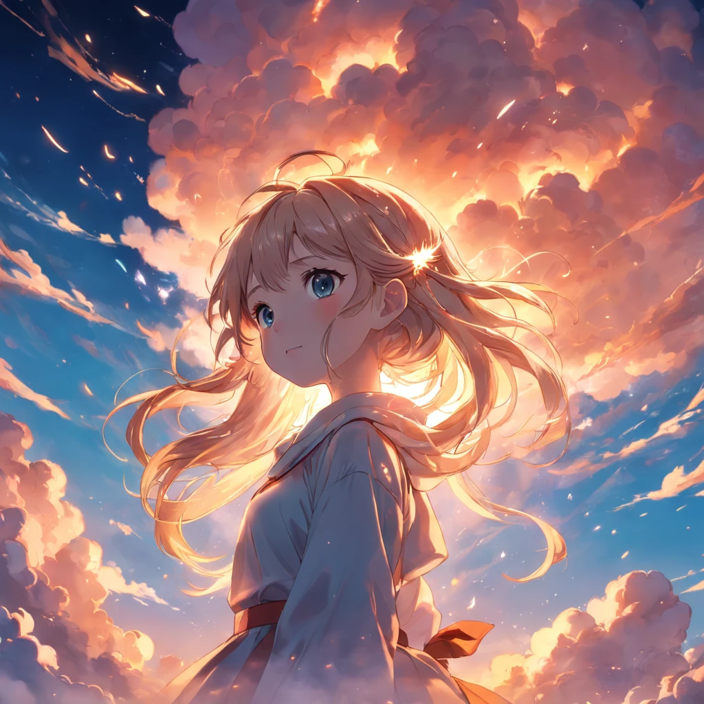 masterpiece, best quality, movie still, 1girl, cloud girl, floating in the sky, close-up, bright, happy, warm soft lighting, sunset, (sparks:0.7)