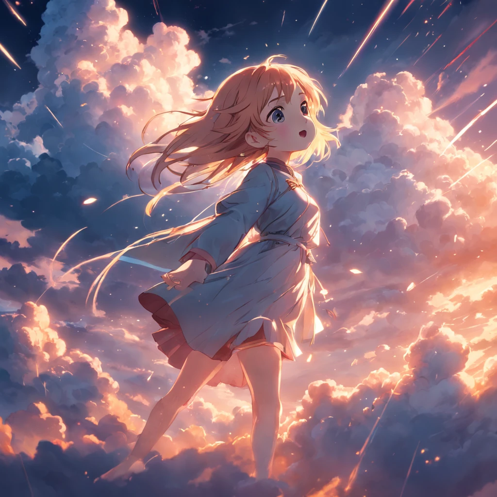 masterpiece, best quality, movie still, 1girl, cloud girl, floating in the sky, close-up, bright, happy, warm soft lighting, sunset, (sparks:0.7)