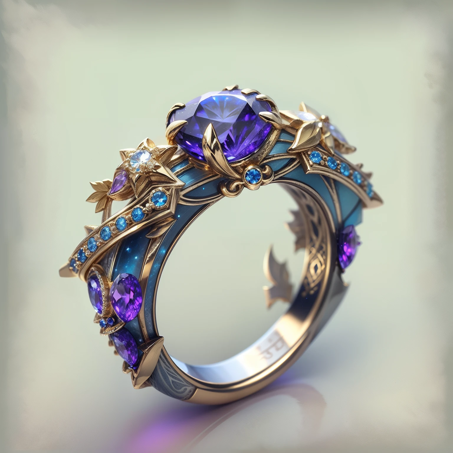 Masterpiece，highest  quality，(Nothing but the ring)，(No Man),Phoenix ring setting，starrysky，Wrapped around the end from beginning to end，Delicate gold ring，Starry sky in the ring,The sheen，inverted image，Sparkling blue-purple gemstones，Elegant and noble,simple backgound