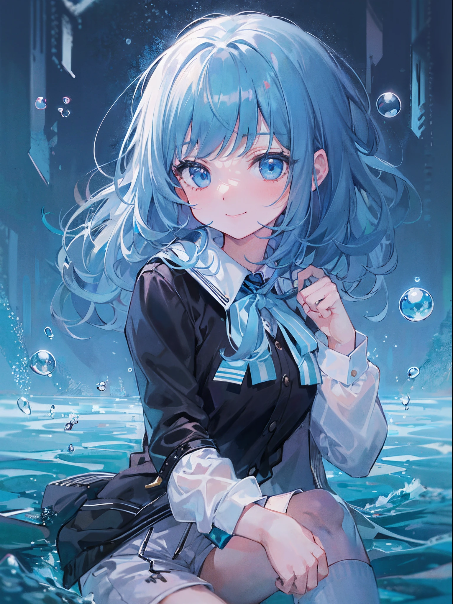 ((top-quality)), ((masterpiece)), ((ultra-detailliert)), (extremely delicate and beautiful), girl with, 独奏, cold attitude,((Black jacket)),She is very(relax)with the(Settled down)Looks,A dark-haired, depth of fields,evil smile,Bubble, under the water, Air bubble,bright light blue eyes,Inner color with light blue hair and dark blue tips,Cold background,Bob Hair - Linear Art, shortpants、knee high socks、White uniform like school uniform、Light blue ribbon ties、Clothes are sheer、Hands in pockets, bob hair