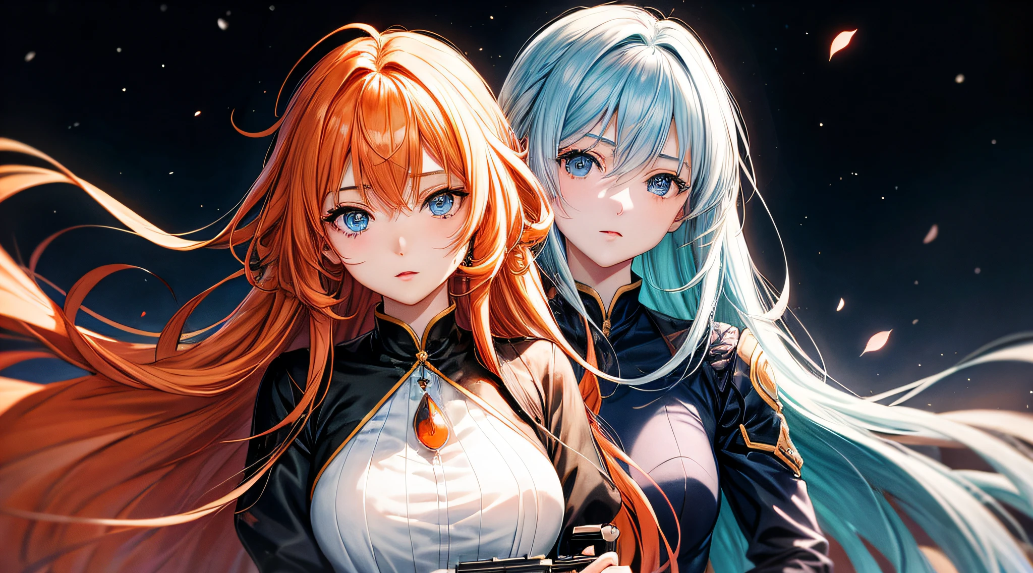 Detailed、Soft skin、Anime style、Blue eyes、Women in Their 20s、background cosmos、Holding a gun、The long-haired、orange color hair