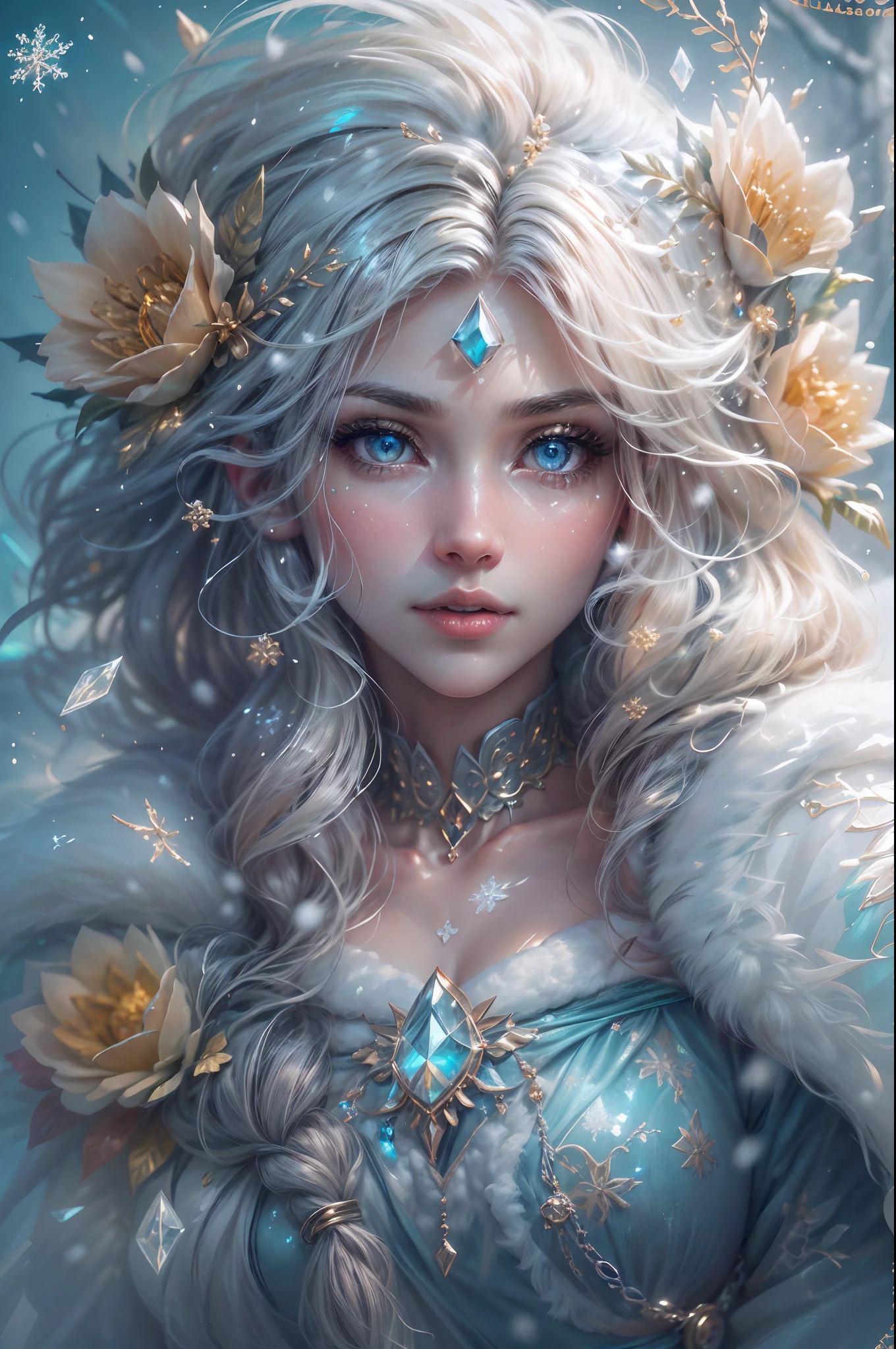 This is a realistic fantasy artwork taking place in a subzero cold winter landscape. Generate a stately, elegant, and graceful Pocahontas elf in a magical world of stunning gilded roses with multicolors and shimmering ice glittering in the light. Her face is elegant and middle-aged and includes realistic shading, incredibly detailed and distinct features, soft puffy and kissable mouth, and (realistic eyes). (Her eyes are important) and should be (beautiful detailed eyes with macro details), realistic details, and a shifting array of beautiful blue colors. Her clothes should be delicately spun from weightless, airy, and expensive gossamer silk with delicate and very subtle floral embroidery, (((many warm layers))), and a variety of complementary colors as well as lots of luxurious fur. Her breasts are subtle and her clothing is very warm and heavy. This image is incredibly creative and emphasizes the beautiful detail of the gilded roses and the pure snow on the ornate ice. Include beautiful detailed snowflakes, icy air, and magical doves. Include pebbles, stones, bumps, glitter, and iridescence. Camera: Utilize dynamic composition techniques to draw the viewer into the scene. Lighting: Enhance the glitter of the snow and ice and emphasize the fantasy winter aspect of the image. Take inspiration from top masters of the genre and trending Midjourney and ArtStation art.