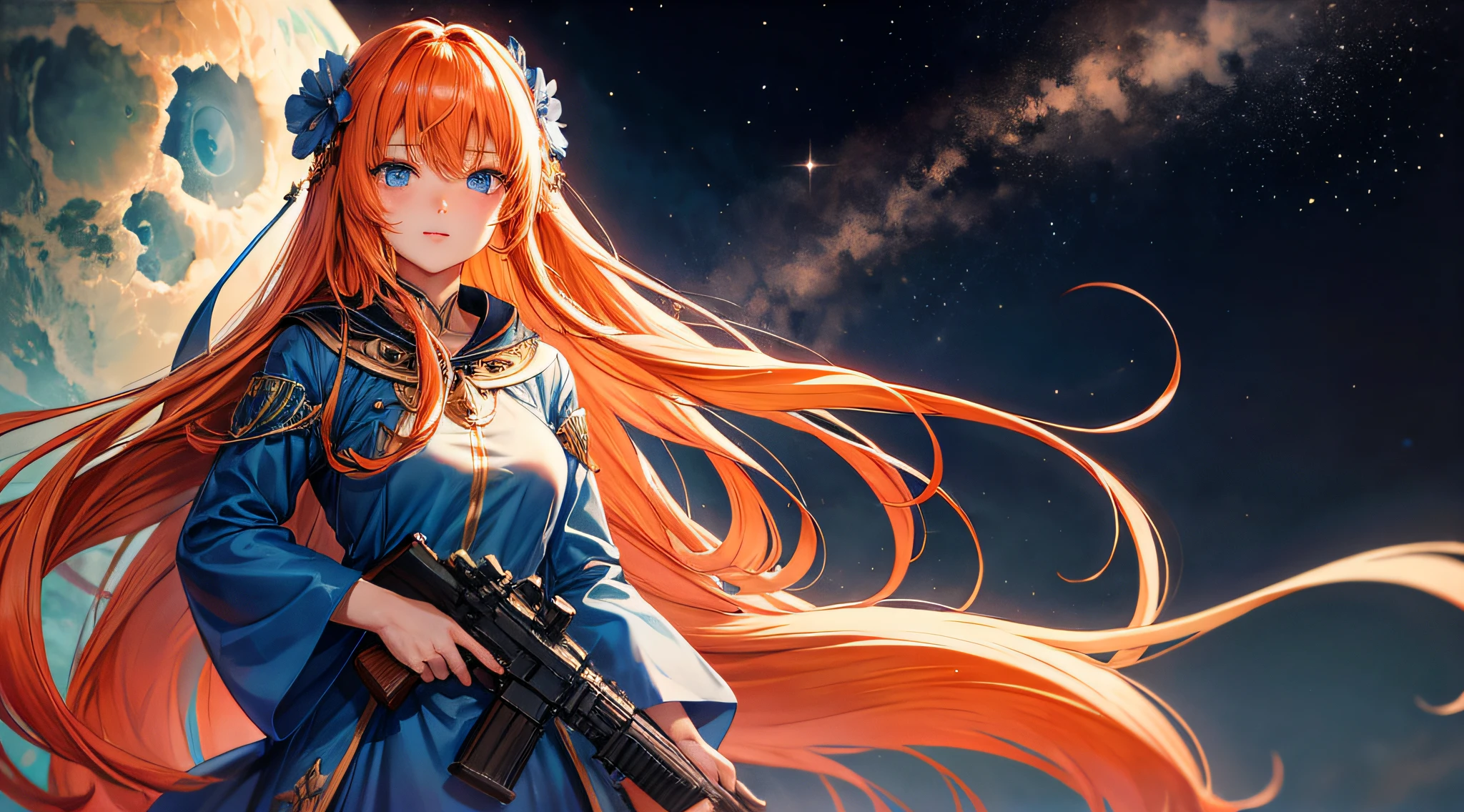Detailed、Soft skin、Anime style、Blue eyes、Women in Their 20s、background cosmos、Holding a gun、The long-haired、orange color hair