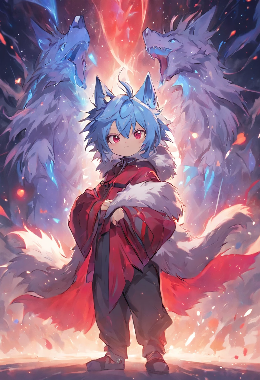 Bright environment, high quality, (toddler, dragon, neutral, animal: 1.4), absurd res, digital painting \ (artwork), (dragon, fluffy fur, character focus: 1.3), short hair, portrait, bright eyes, left eye red, right eye blue, (short dragon horn: 1.3), panorama, (character focus: 1.3). (detailed background: 0.9), solo, furry, furry neutral, neutral focus, standing, (full body fur, furry tail, red and blue fur, red and blue eyes, gray hair: 1.3), (small wings: 1.5), (long canine teeth: 1.0), king, (red cloak: 1.1) (towers of god, blue towers, violet, blue, red, god, red sky, violet sky, starry sky, stars, starry towers, starry god, light blue, civilization, order:1.3), (magic array: 1.5), (magic particles, magic: 1.3), (face details, hand details, foot details, ear details: 1.1), better movements, High cold