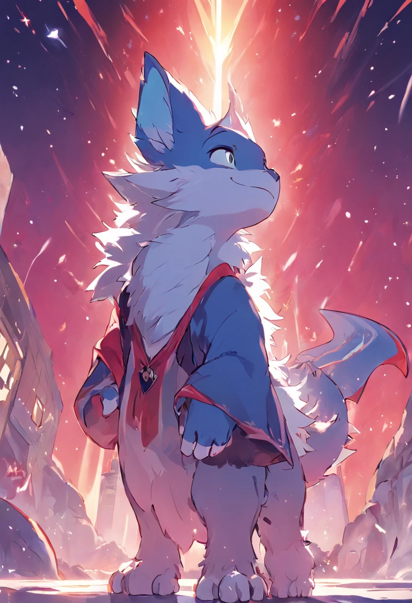 Bright environment, high quality, (ddler, dragon, neutral, animal: 1.4), absurd res, digital painting \ (artwork), (dragon, fluffy fur, character focus: 1.3), short hair, portrait, bright eyes, left eye red, right eye blue, (short dragon horn: 1.3), panorama, (character focus: 1.3). (detailed background: 0.9), solo, furry, furry neutral, neutral focus, standing, (full body fur, furry tail, red and blue fur, red and blue eyes, gray hair: 1.3), (small wings: 1.5), (long canine teeth: 1.0), king, (red cloak: 1.1) (towers of god, blue towers, violet, blue, red, god, red sky, violet sky, starry sky, stars, starry towers, starry god, light blue, civilization, order:1.3), (magic array: 1.5), (magic particles, magic: 1.3), (face details, hand details, foot details, ear details: 1.1), better movements, High cold