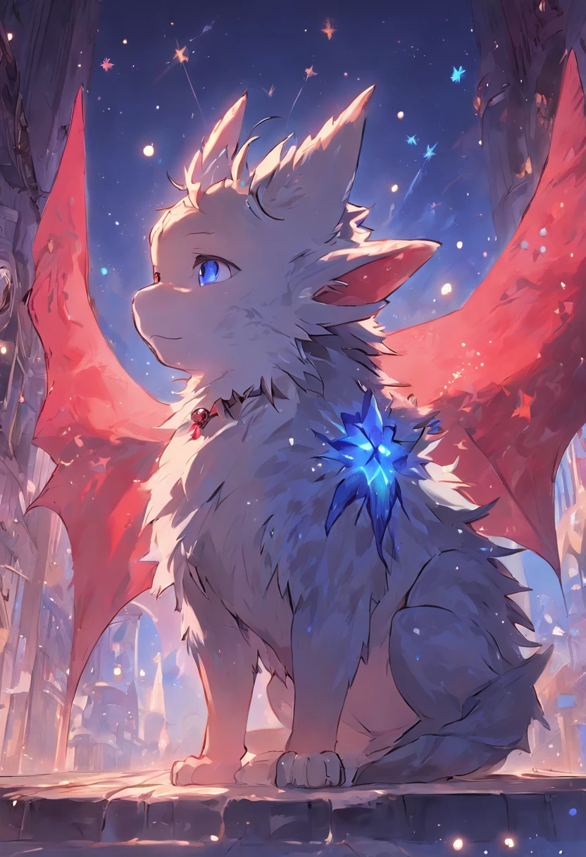 Bright environment, high quality, (toddler, dragon, neutral, animal: 1.4), absurd res, digital painting \ (artwork), (dragon, fluffy fur, character focus: 1.3), short hair, portrait, bright eyes, left eye red, right eye blue, (short dragon horn: 1.3), panorama, (character focus: 1.3). (detailed background: 0.9), solo, furry, furry neutral, neutral focus, standing, (full body fur, furry tail, red and blue fur, red and blue eyes, gray hair: 1.3), (small wings: 1.5), (long canine teeth: 1.0), king, (red cloak: 1.1) (towers of god, blue towers, violet, blue, red, god, red sky, violet sky, starry sky, stars, starry towers, starry god, light blue, civilization, order:1.3), (magic array: 1.5), (magic particles, magic: 1.3), (face details, hand details, foot details, ear details: 1.1), better movements, High cold