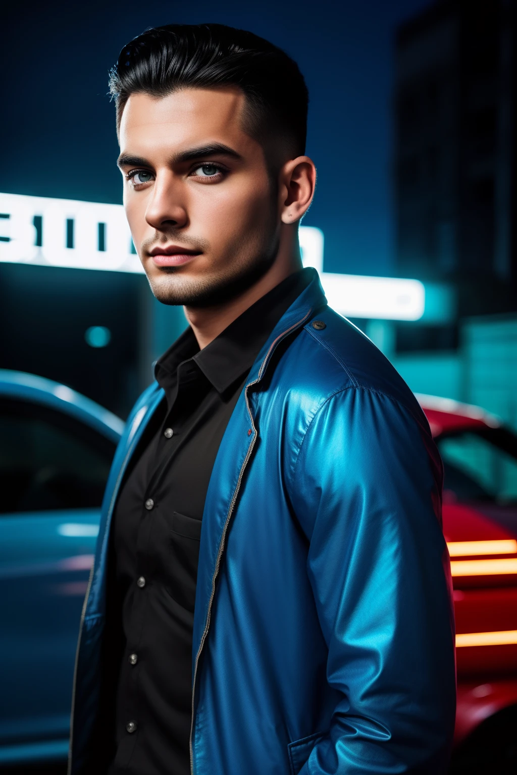 Foto RAW, homem, 26 years old, 1:1, 35mm, cinemactic, model, fotorrealista, studio photoshoot, luzes, azul, Neon light, brasileiro, Porsche, sidecut hair, black hair, blue jacket, white shirt, Porsche, street, beardless, artist, hero pose