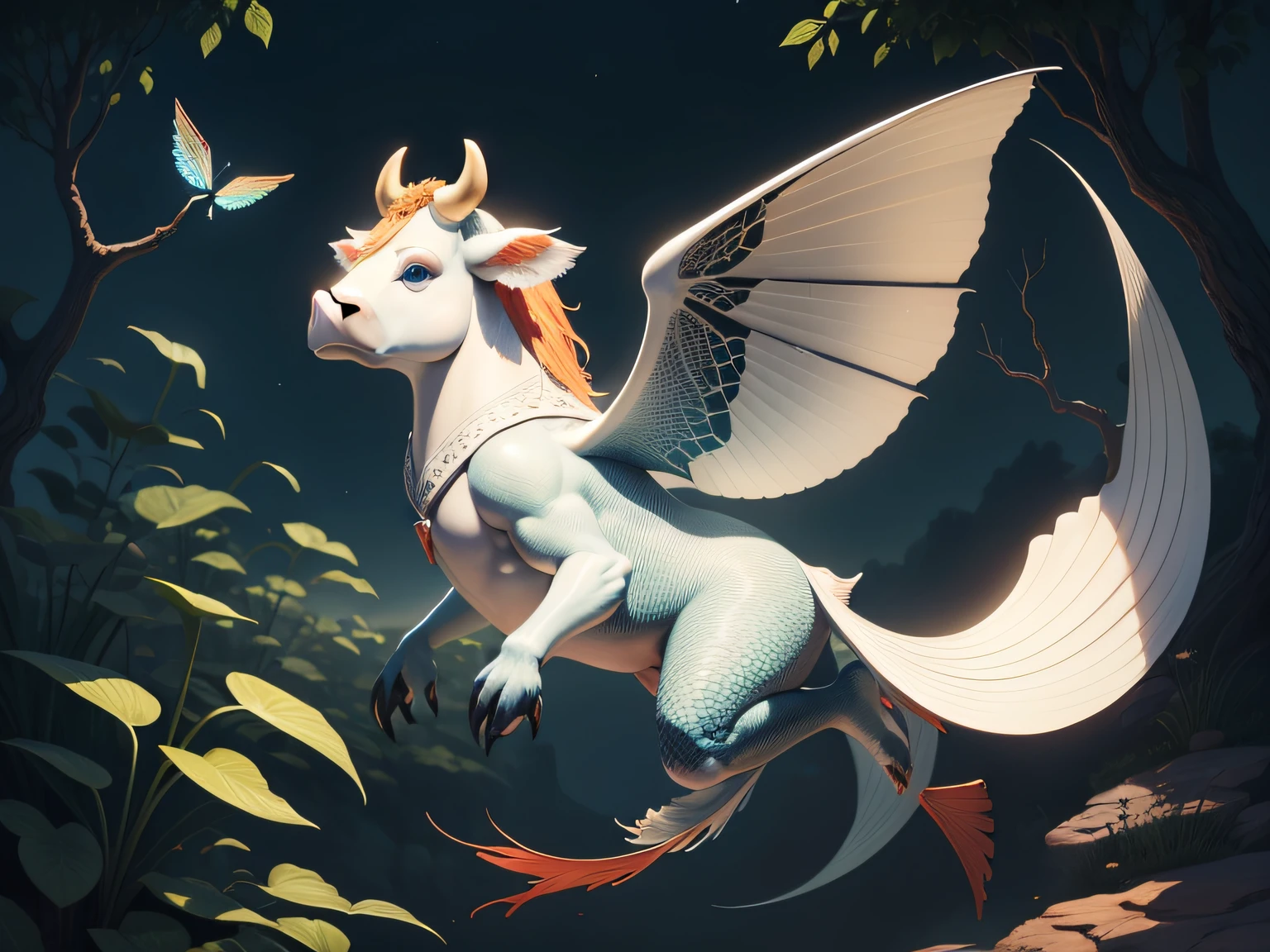 Fish with wings,The head of the cow,has a tail,Has limbs,Overgrown with scales