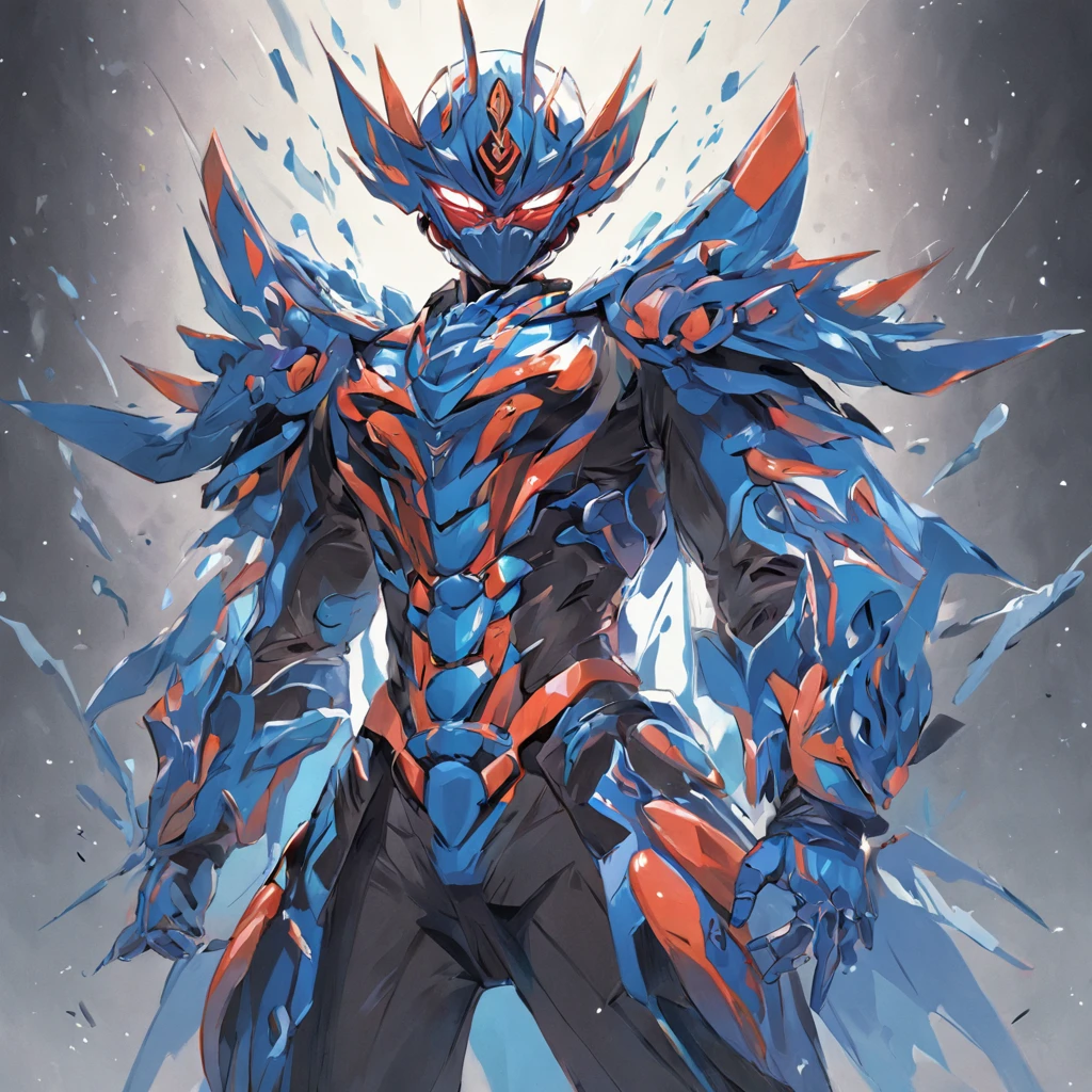 Kamen Rider,Kamen Hero,Helmet in the shape of locust elements,Closed face shield,Blue armor,Marine elements,guns,the Chinese character "Eau" in the middle of Kamen Rider's Belt,Half body diagram,Yugioh,artwork of a, top-quality, tmasterpiece, A high resolution, 8K