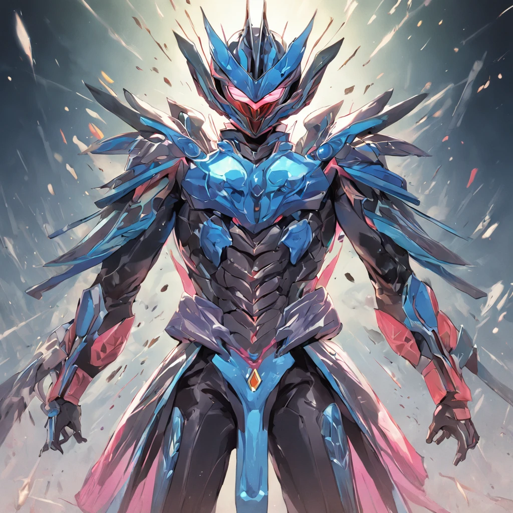 Kamen Rider,Kamen Hero,Helmet in the shape of locust elements,Closed face shield,Blue armor,Marine elements,guns,the Chinese character "Eau" in the middle of Kamen Rider's Belt,Half body diagram,Yugioh,artwork of a, top-quality, tmasterpiece, A high resolution, 8K