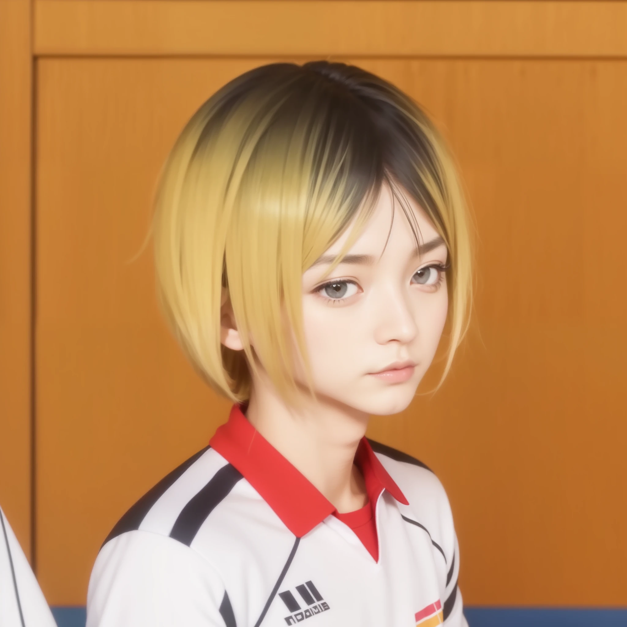 ((fully clothed))high res, masterpiece,Kenma Kozume, ((1boy,)) ((1man)), black_hair (blonde_hair) looking_to_the_side male_focus multicolored_hair,solo sportswear sweat sweatdrop twitter_username tying_hair upper_body volleyball_uniform yellow_eyes, realistic,ultra details ,detailed background, bright,70mm lens,