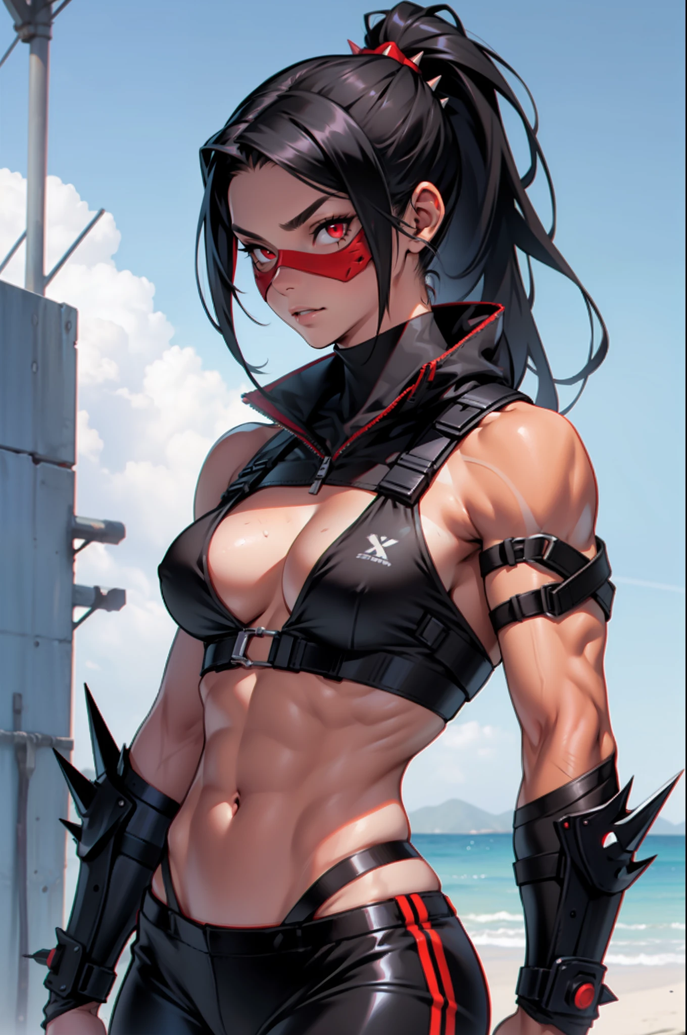 1 girl, muscular, tanlines, spiky ponytail, toned body, black hair, red eyes, (mask), perky breasts, long hair, navel