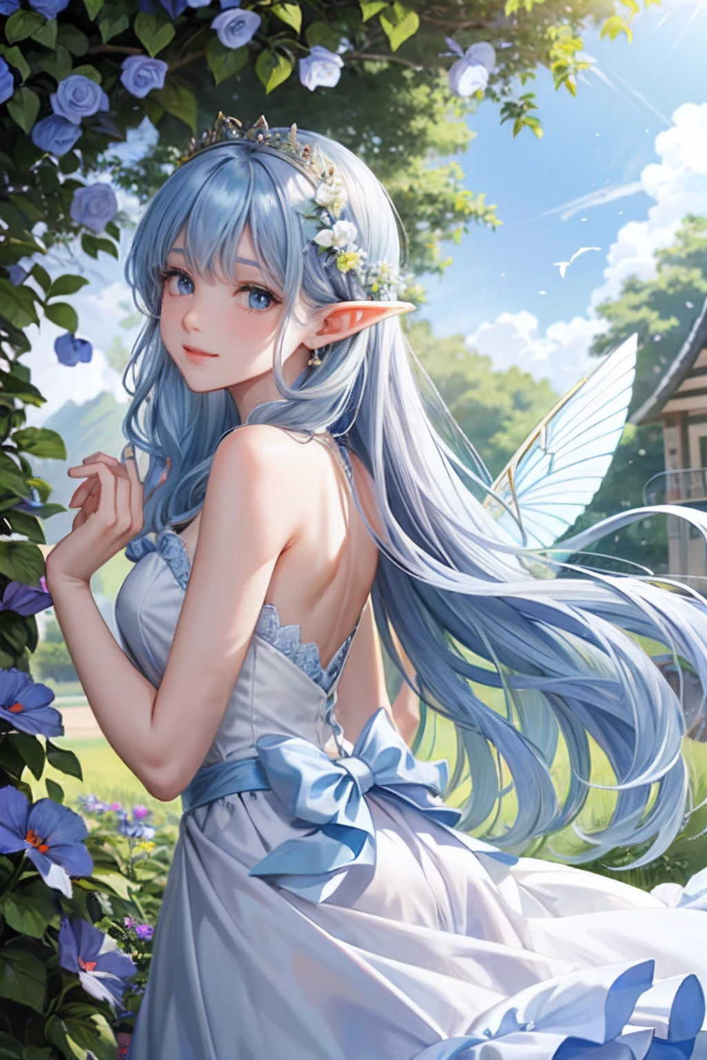 (Face Focus)、(1womanl、独奏、Crystal clear white skin、Beautiful fece)、(blue hairs、gray hair at the tips、Blue eyes、Elegant smile)、Morning glory fairy、Blue ruffled skirt and dress、fairy wings、Morning glory flowers are blooming、elf-ears、A fairy who loves morning glory、Garden under the rising sun、Gold crown on the head、Morning glory hair ornament、fairy wings on the back、portlate、All the same girls