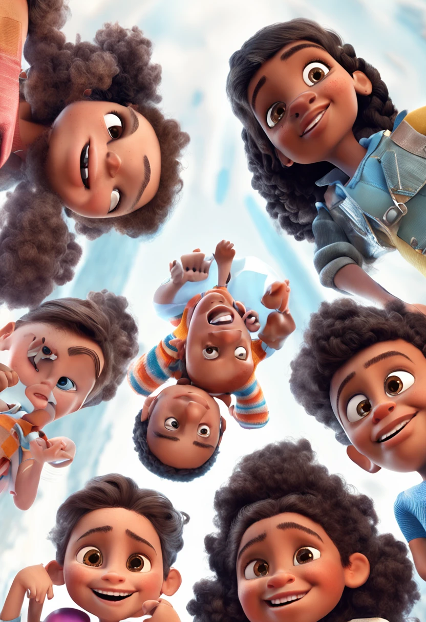 three children, Uma menina negra, Fofa, dois meninos branco, olhos azuis, No centro, fundo branco, barnet, Tom, Estilo Pixar, ......3d, desenhos animados, rosto detalhado,Disney, asymmetrical 16k
