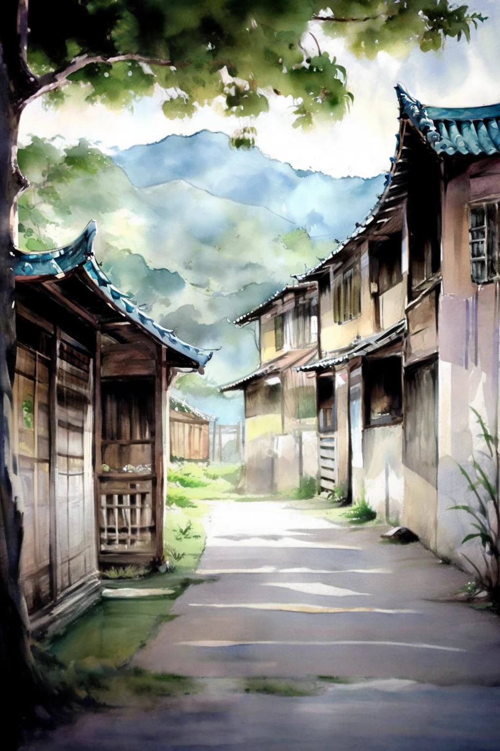 painting of a house with a tree and a fence in the yard, old asian village, Vila Velha, Estilo de aquarela chinesa, estilo de pintura em aquarela, paisagem da aquarela, pintura digital em aquarela, aldeia, Directed by: O Borun, uma pintura em aquarela, pintura digital em aquarela, vila chinesa, em uma aldeia, Directed by: Yao Tingmei, Directed by: Qu Leilei, Directed by: Dom Kehong