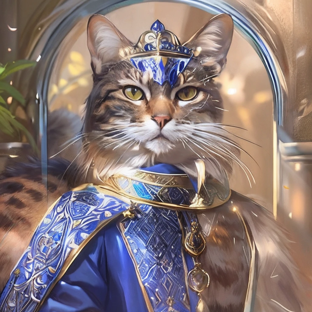 gato de araffe vestindo uma coroa e um manto azul, Majestade em roupas nobres, Retrato real, retrato de um velho rei medieval, retrato do velho rei medieval, retrato de um rei, gato elegante, O Cavaleiro da Armadura do Gato Dourado, Velho Rei Medieval, anthropomorphic cat, Cheque blindado, beautiful animal pearl queen, Retrato imperial, anthropomorphic female cat