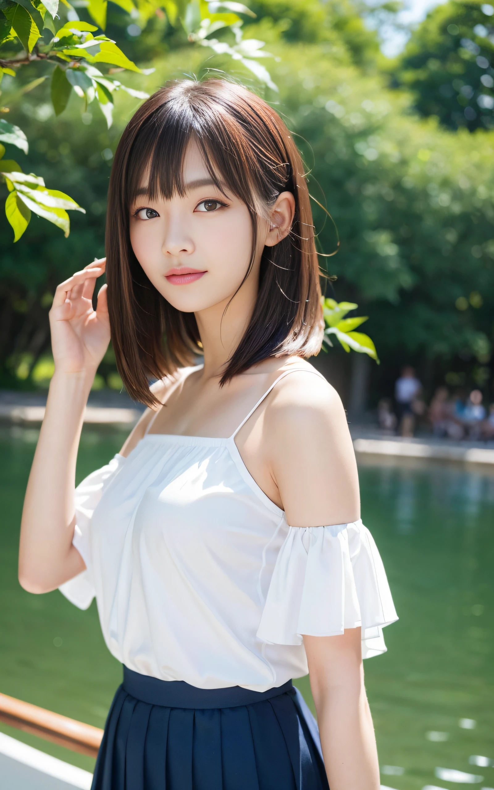 ((Best Quality, 8K, masutepiece: 1.3)), (Sharp Focus: 1.2), In a quaint village by the lake、There are colorful rowing boats on the shore, 1 girl, Full body, stunning elegant pose,Neat and clean beauty, 20 years old, Half Japan and half American, Looking away, Classy and elegant, A pretty girl with perfect figure, shyly smile, Cute, Shy, ((Shoulder-length straight hair swaying in the wind, Bangs)), Big breasts, (Blouse: 1.1), Skirt, Highly detailed face and skin texture, Detailed eyes, Background bokeh,