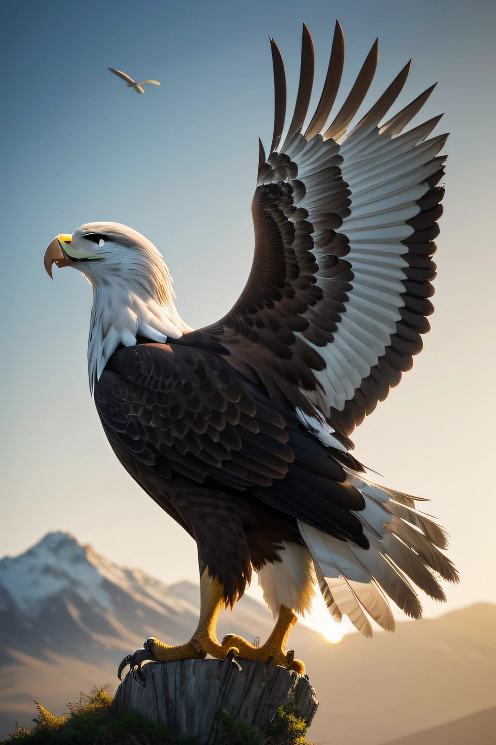 /imagine prompt: A stunningly lifelike depiction of an eagle, captured with awe-inspiring realism and precision. Photographed using an analogue Nikon Z 14mm ultra-wide angle lens in RAW format, the image showcases the majestic beauty of this magnificent bird.
The eagle's features are rendered with astonishing detail, from the intricate patterns of its feathers to the sharpness of its beak and talons. The lighting is carefully positioned to cast shadows that emphasize the bird's three-dimensional form, lending depth and authenticity to the image.
The color palette is a symphony of natural tones, capturing the rich hues of the eagle's plumage. The contrast between light and shadow adds drama to the scene, while the background could feature elements from the bird's habitat, such as a mountainous landscape or a sky with scattered clouds.
This photograph serves as a tribute to the eagle's grace and power, inviting viewers to appreciate the intricate details of its anatomy and the splendor of the natural world. It's a portrayal that encapsulates the eagle's commanding presence and timeless significance.
