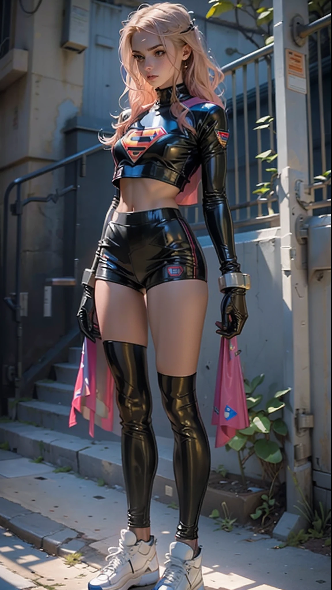 Woman standing, standing girl, athletic, corpo definido coxas grossas, uniforme de supergirl, latex , saia curta, knee-high socks,latex, foto de corpo inteiro
