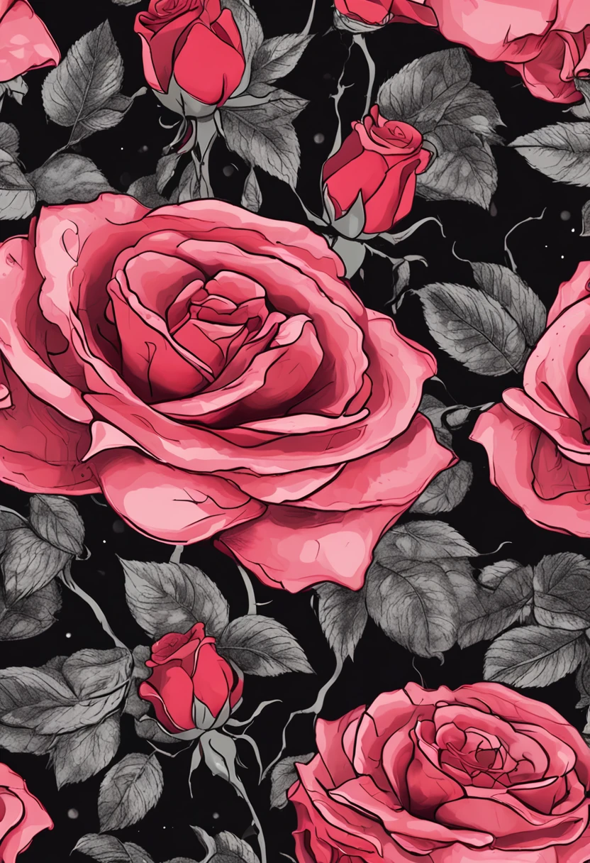um close up de uma pintura de rosas em um fundo preto, rosas explodindo, she is the queen of black roses, Rosses, ✏️🎨, Roses, vibe de flores vermelhas celestiais, rosas vermelhas, flores escuras, escuro e intrincado, flores detalhadas, rosas neon vermelhas, Ultra - realista e intrincado, 8 k altamente detalhado ❤🔥 🔥 💀 🤖 🚀