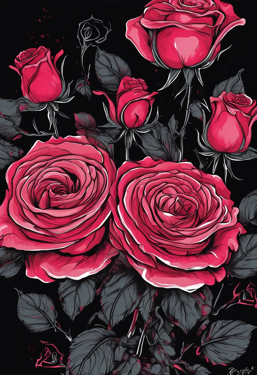 um close up de uma pintura de rosas em um fundo preto, rosas explodindo, she is the queen of black roses, Rosses, ✏️🎨, Roses, vibe de flores vermelhas celestiais, rosas vermelhas, flores escuras, escuro e intrincado, flores detalhadas, rosas neon vermelhas, Ultra - realista e intrincado, 8 k altamente detalhado ❤🔥 🔥 💀 🤖 🚀