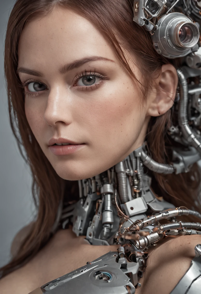 A woman with robot parts, ::Futuristic cyberpunk style, Realisticstyle ::n_digital painting style, Deformed parts, deformed face
