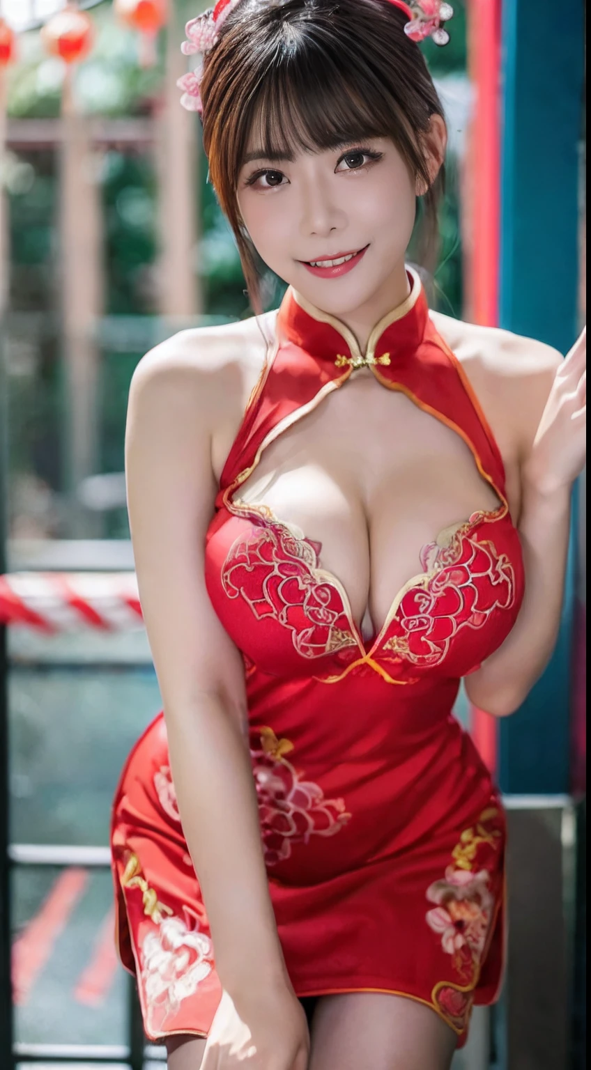 1girl in ,(qipao dress),Colossal tits, wide open cleavage,(( Character Play)),((Chinatown)) , (Red Lip), (Black medium hair),Smiling, ((looking to camera)), High resolution,Highly detailed, Random Posing, looking to camera,multiple views、crouching down、Wide-spread legs