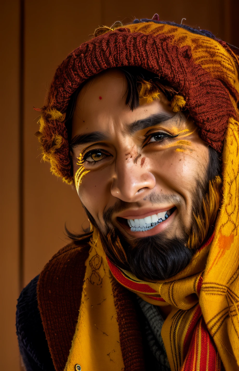 Woolen hat, colorful scarf, dark red sweater, gold tooth, yellow skin