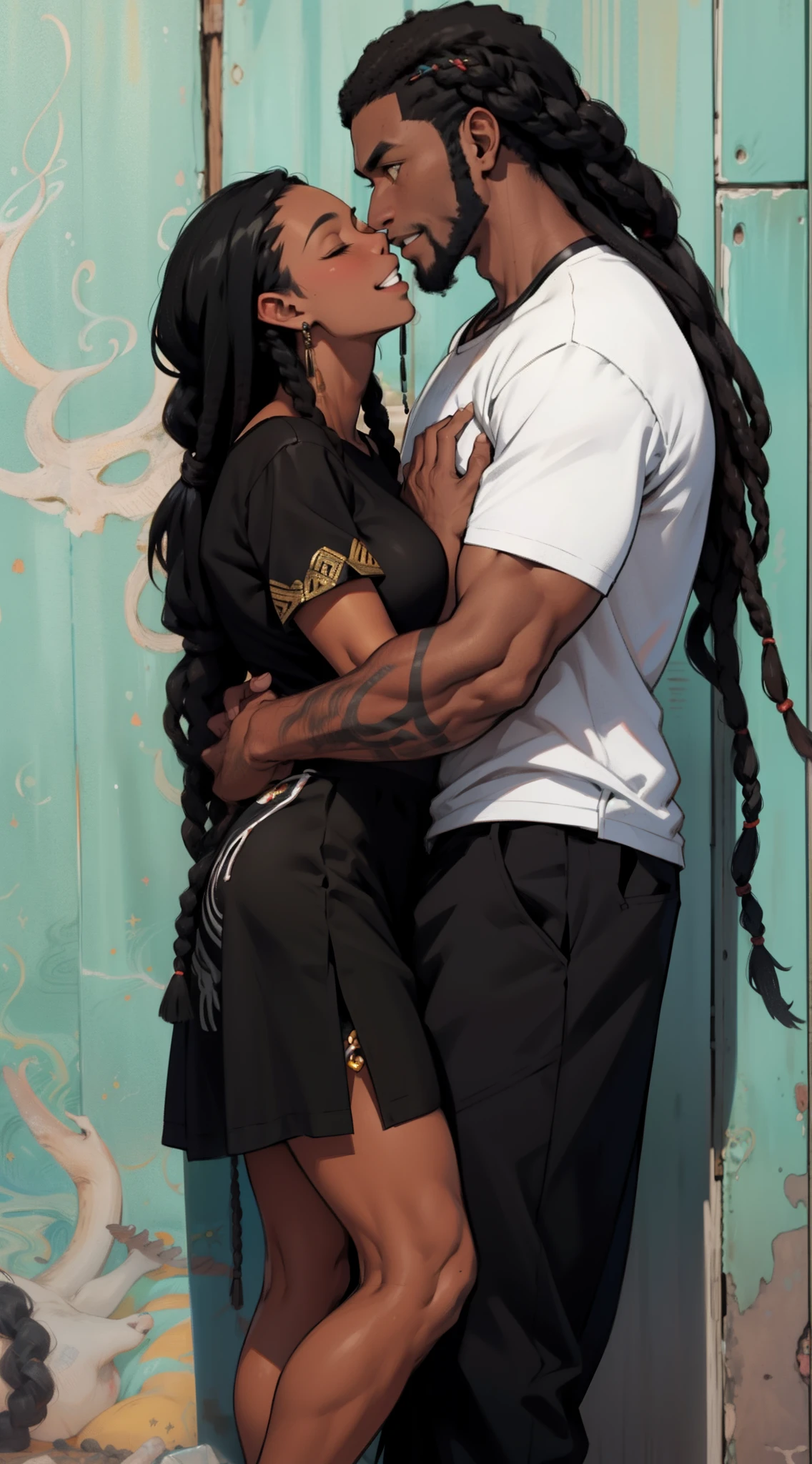 "Produza uma imagem de estilo anime que celebra o amor entre casais negros. A garota, pele negra, pele negra pele negra, pele negra, with black leather and fine African braids,long African braids, long African braids, long African braids, possui olhos verdes encantadores. Seu parceiro, de pele escura, pele negra, pele negra, pele negra e cabelos Dreadlocks curtos, shorts dreadlocks, tem olhos brancos expressivos. Ambos usam casacos largos com detalhes dourados, adding a touch of sophistication. Ambientada em um jardim, a cena retrata beijos apaixonados entre eles. Transmita a intensidade do amor eterno entre esses amantes negros, highlighting their unique characteristics and the romantic connection they share."