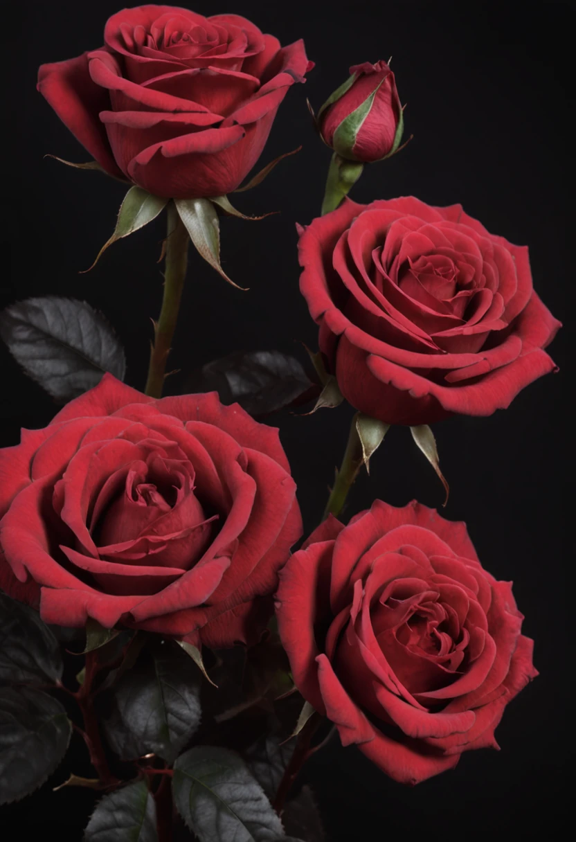m close up de uma pintura de rosas em um fundo preto, rosas explodindo, she is the queen of black roses, Rosses, ✏️🎨, Roses, vibe de flores vermelhas celestiais, rosas vermelhas, flores escuras, escuro e intrincado, flores detalhadas, rosas neon vermelhas, Ultra - realista e intrincado, 8 k altamente detalhado ❤🔥 🔥 💀 🤖 🚀