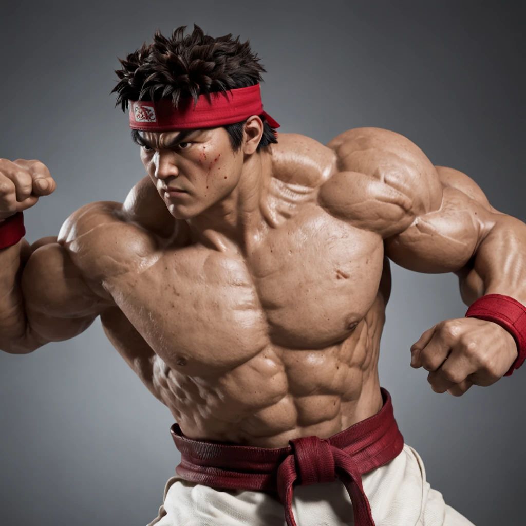 Ryu from Street Fighter, in an dynamic pose, extremely muscular, cinematic lighting