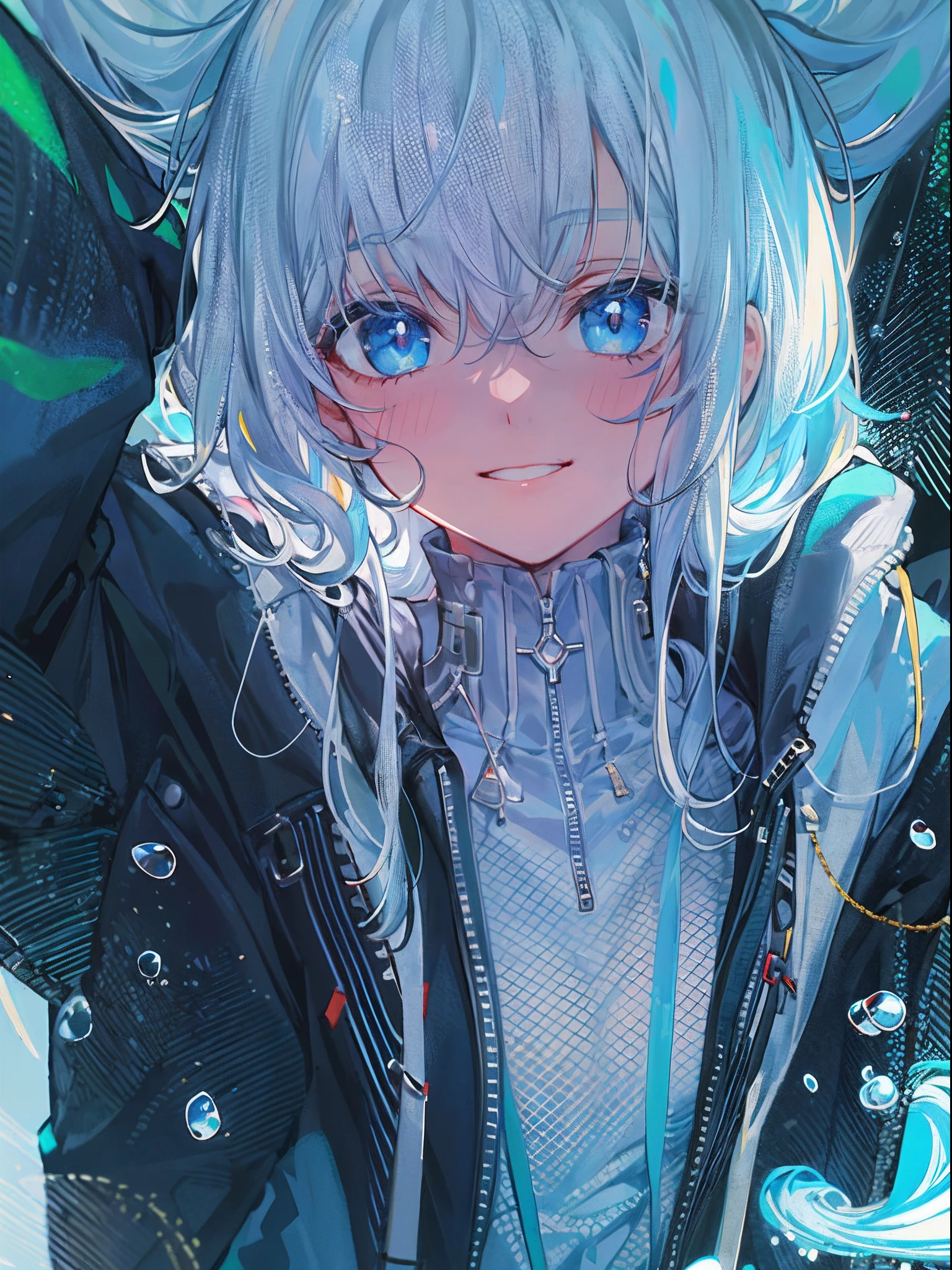 ((top quality)), ((masterpiece)), ((super detail)), (very delicate and beautiful), girl, solo, cold demeanor, ((black jacket)), she looks very (relaxed) and (calm), black hair, depth of field, evil smile, stirrups, underwater, air bubble, light blue eyes, light blue hair and dark blue tips inner color with, cold background, bobbed hair - linear art, shorts, knee high socks, oversized white hoodie, light blue ribbon tie, clothing transparent, hands in pockets