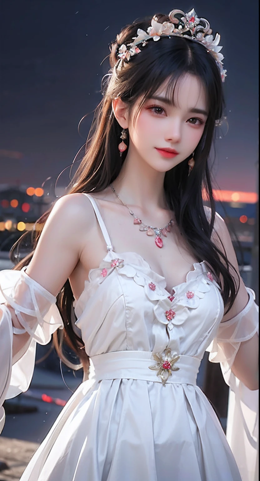 Close-up of a woman in a white dress wearing a flower crown, a beautiful fantasy empress, trending at cgstation, trending on cgstation, gorgeous chinese models, ((a beautiful fantasy empress)), Anime goddess, beautiful and seductive anime woman, full-body xianxia, Beautiful goddess, White Hanfu, pale milky white porcelain skin, Anime girl cosplay