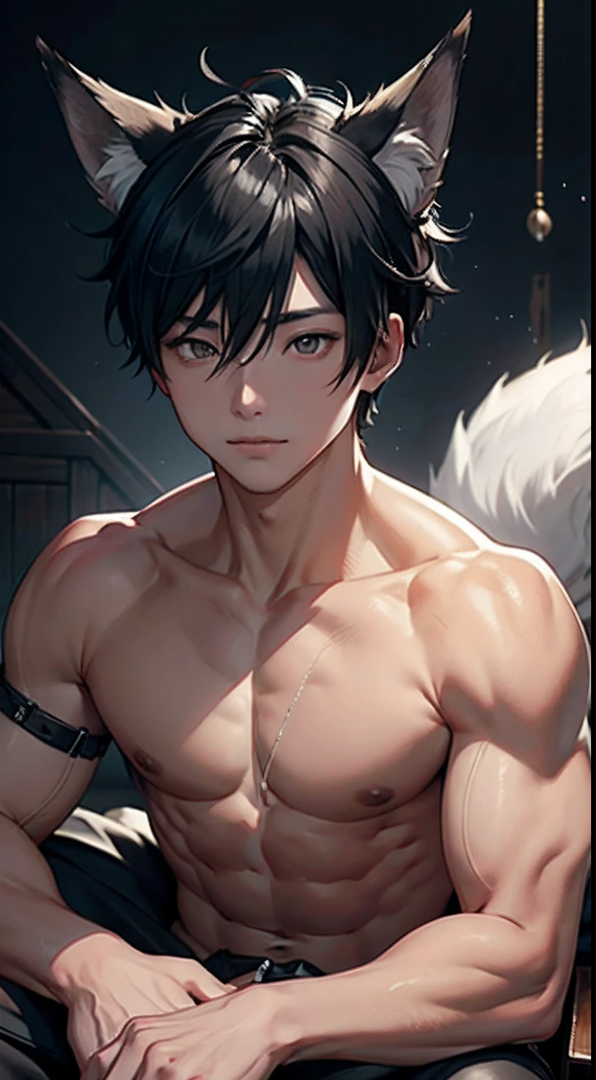 2boy、Toned、sharp big wolf ears、Wolf tail、wide and very bright black eyes、masterpiece、Vibrant、barechested