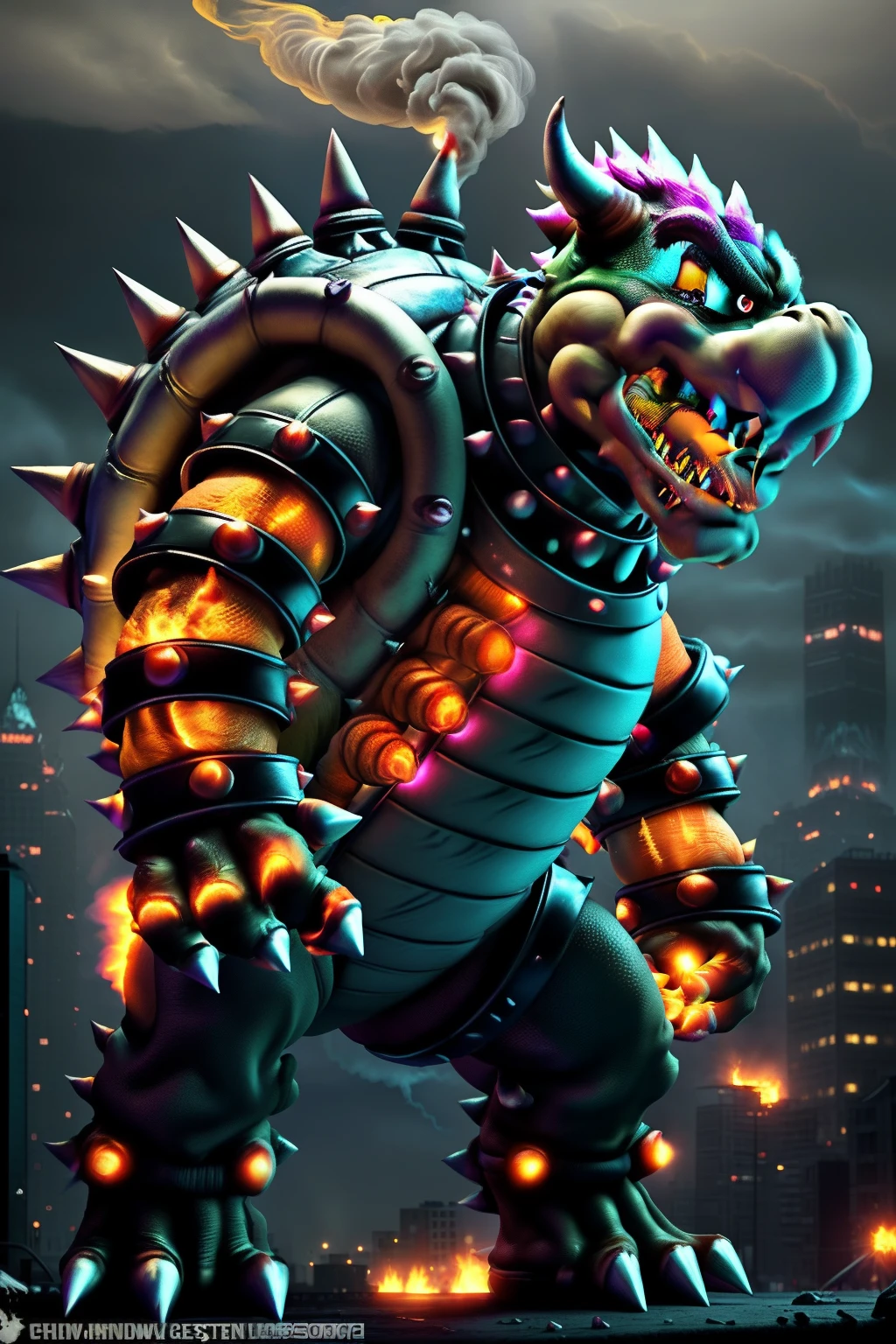 (Stable Diffusion) output:
"Mecha Bowser, a towering masterpiece of best quality, ultra-detailed CG unity 8k wallpaper. A fearsome mechanical marvel, with gleaming metallic scales, fiery eyes, and sharp, menacing teeth. Its powerful limbs and massive claws can crush mountains, while billowing smoke and sparks surround its intimidating presence. The backdrop is a post-apocalyptic cityscape, with crumbling buildings and flickering neon lights. The air is filled with smoke and ash, adding to the dystopian atmosphere. The sky is dark and ominous, with bolts of lightning illuminating the scene. The overall color scheme is desaturated, emphasizing the contrast between the cold, metallic Mecha Bowser and the bleak surroundings.+"