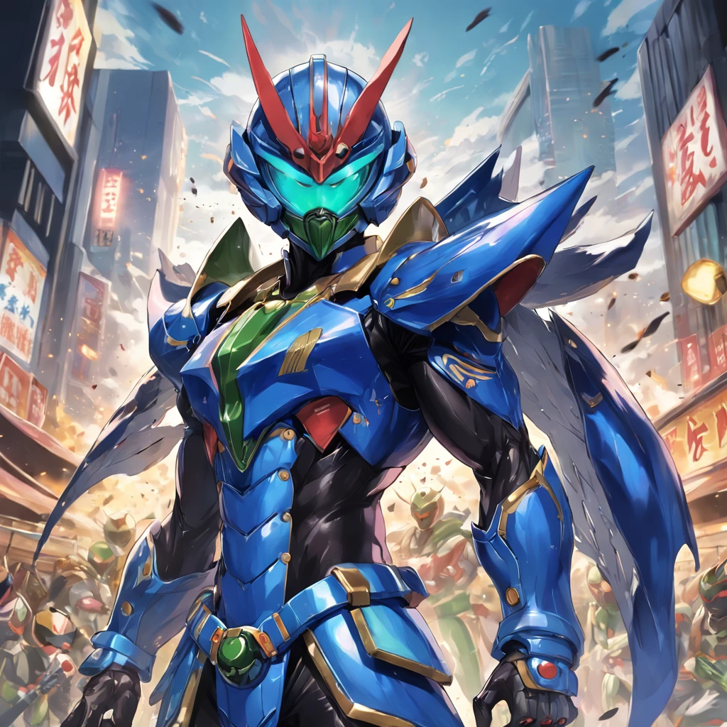 Kamen Rider,Kamen Hero,Helmet in the shape of locust elements,Closed face shield,Blue armor,Marine elements,Armed with a gun,the Chinese character "Eau" in the middle of Kamen Rider's Belt,Half body diagram,Yugioh,artwork of a, top-quality, tmasterpiece, A high resolution
