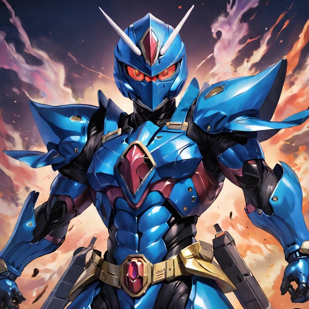 Kamen Rider,Kamen Hero,Helmet in the shape of locust elements,Closed face shield,Blue armor,Marine elements，Armed with a gun，the Chinese character "Eau" in the middle of Kamen Rider's Belt，Half body diagram，Yugioh,artwork of a, top-quality, tmasterpiece, A high resolution