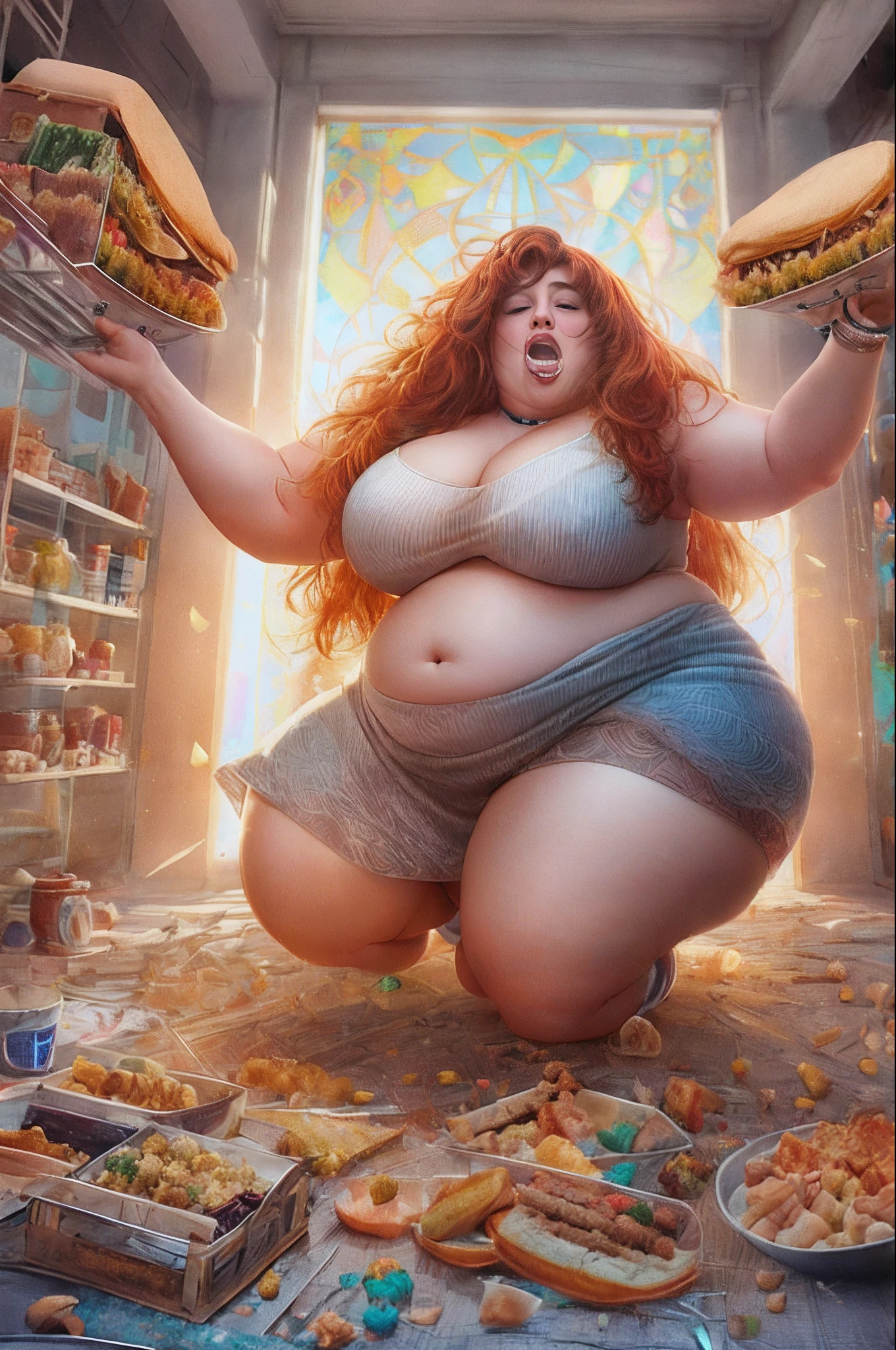 Fat woman, saggy big boobs, saggy belly, eating junk food throwing with deep field effect ,tight dress, large ass, 1girl, fat shoulders, auburn long hair, masterpiece, best quality, shoes, full body, posing for a picture, beautifully color-coded, socks, scrunchbutt leggings white background, studio, looking camera, covered by hood,16k resolutio, dry brush, brush strokes, sharp focus, studio photo, intricate details, highly detailed, Broken Glass effect, no background, stunning, breathtaking beauty, pure perfection, divine presence, unforgettable, impressive, breathtaking beauty, Volumetric light, auras, rays, vivid colors reflects