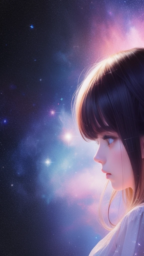 The girl's hair is turning into a starry sky,The girl's clothes blend into the galaxy,Close-up of the head