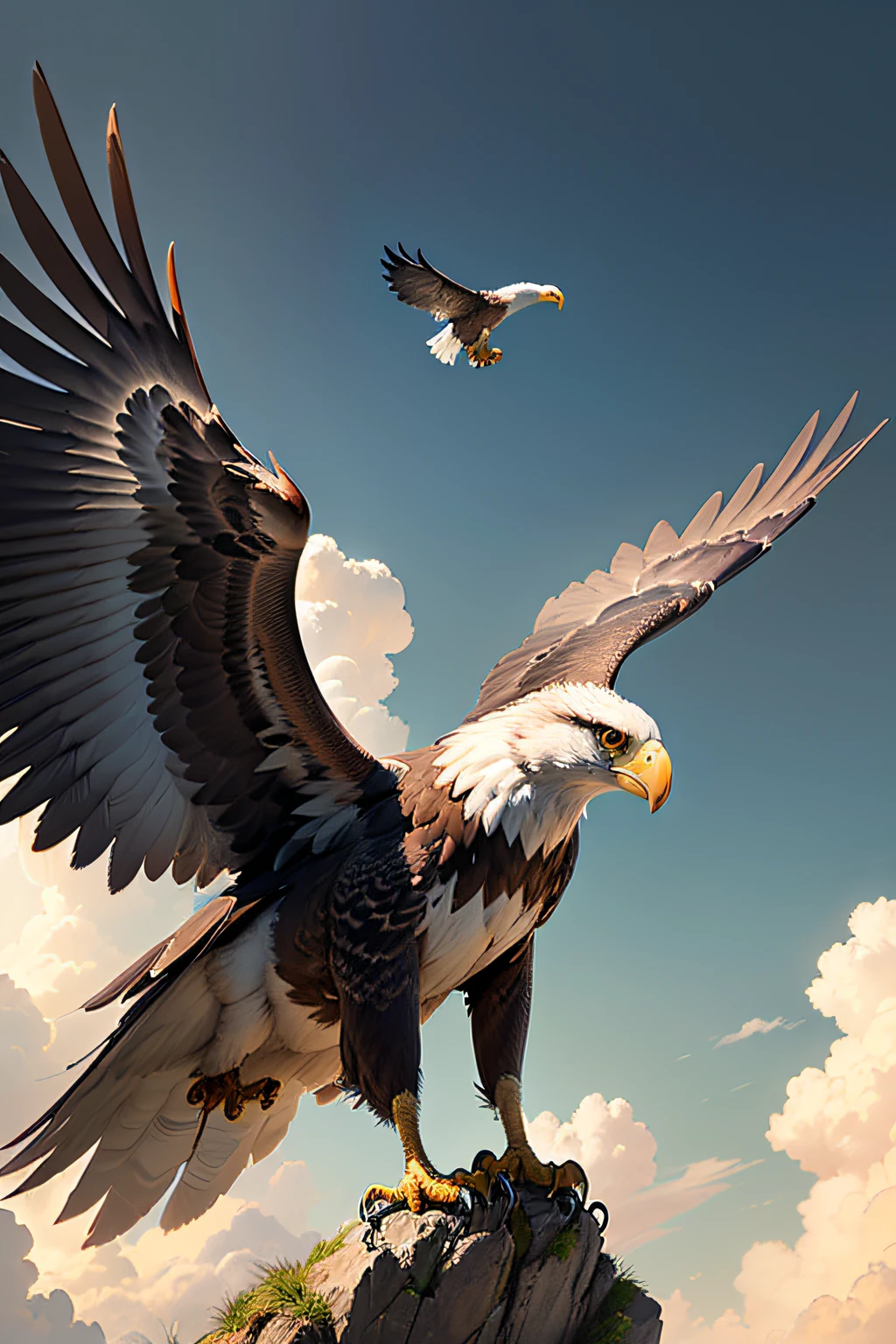 ((best quality)), ((masterpiece)), (detailed), alluring succubus, /imagine prompt: An extraordinary and whimsical scene captured with unparalleled precision: an eagle in flight, poised to drop a tortoise onto the bald head of a man. This remarkable image is taken with an analogue Nikon Z 14mm ultra-wide angle lens in RAW format, creating an illusion that defies expectation.

The eagle's wings are frozen in a moment of dynamic motion as it hovers overhead, its sharp talons gripping the tortoise. The man's bald head stands out as the focal point, reflecting the curious and unexpected nature of the scene. The lighting casts soft shadows that define the forms of both the eagle and the man, lending depth and dimension to the image.

The color palette is vibrant and harmonious, capturing the natural tones of the eagle's feathers and the tortoise's shell. The background might feature elements of the sky or the surrounding landscape, adding context to the whimsy of the moment.

This photograph combines artistry and imagination, inviting viewers to revel in the improbable spectacle before them. It's a playful portrayal that sparks wonder and laughter, celebrating the power of visual storytelling and the limitless possibilities of the creative mind., enchanting gaze, captivating pose, delicate wings, otherworldly charm, mystical sky, (Luis Royo:1.2), (Yoshitaka Amano:1.1), moonlit night, soft colors, (detailed cloudscape:1.3), (high-resolution:1.2)