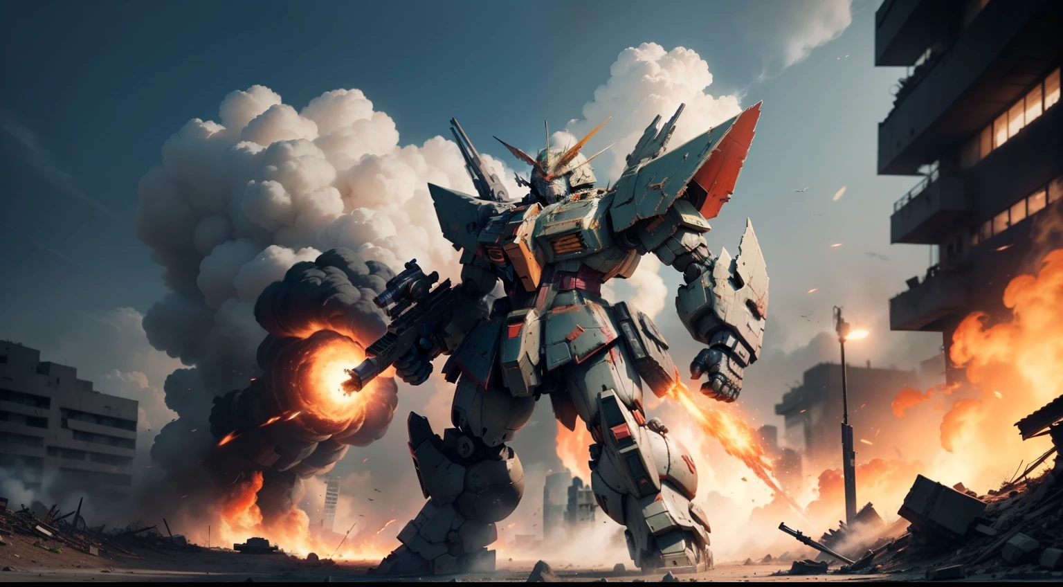 A colossal and formidable Gundam, exuding a commanding presence, covered in intricate details that bring it to life. It firmly holds a powerful gun in its hand, a symbol of its strength and dominance. The Gundam stands amidst a fierce battle, with raging fires and billowing smoke in the background, creating a sense of chaos and intensity. Its feet firmly planted in the ruins of a once-thriving city, highlighting the devastation caused by the conflict. Immersive, action-packed, warzone, destruction, intense battle, gunpla, ruins, post-apocalyptic, by Hajime Katoki