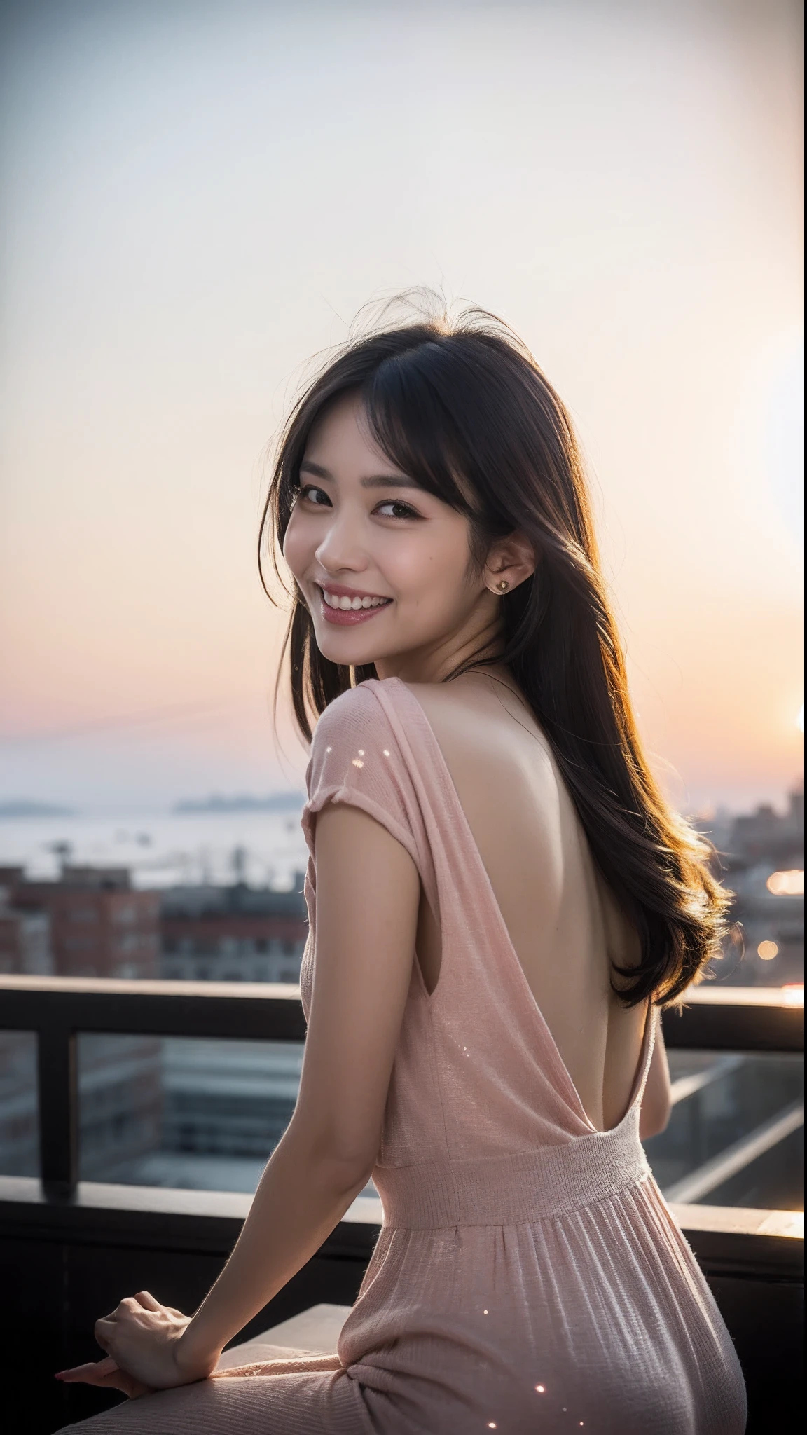 (8k, top quality, masterpiece: 1.2), (realistic, photorealistic: 1.37), super detailed, girl single, cute, solo, midnight, beautiful detailed sky, detailed café, sitting, date, (blush), (smile: 1.15), small breasts (mouth closed), beautiful fine eyes, floating hair NovaFrogStyle, back open dress